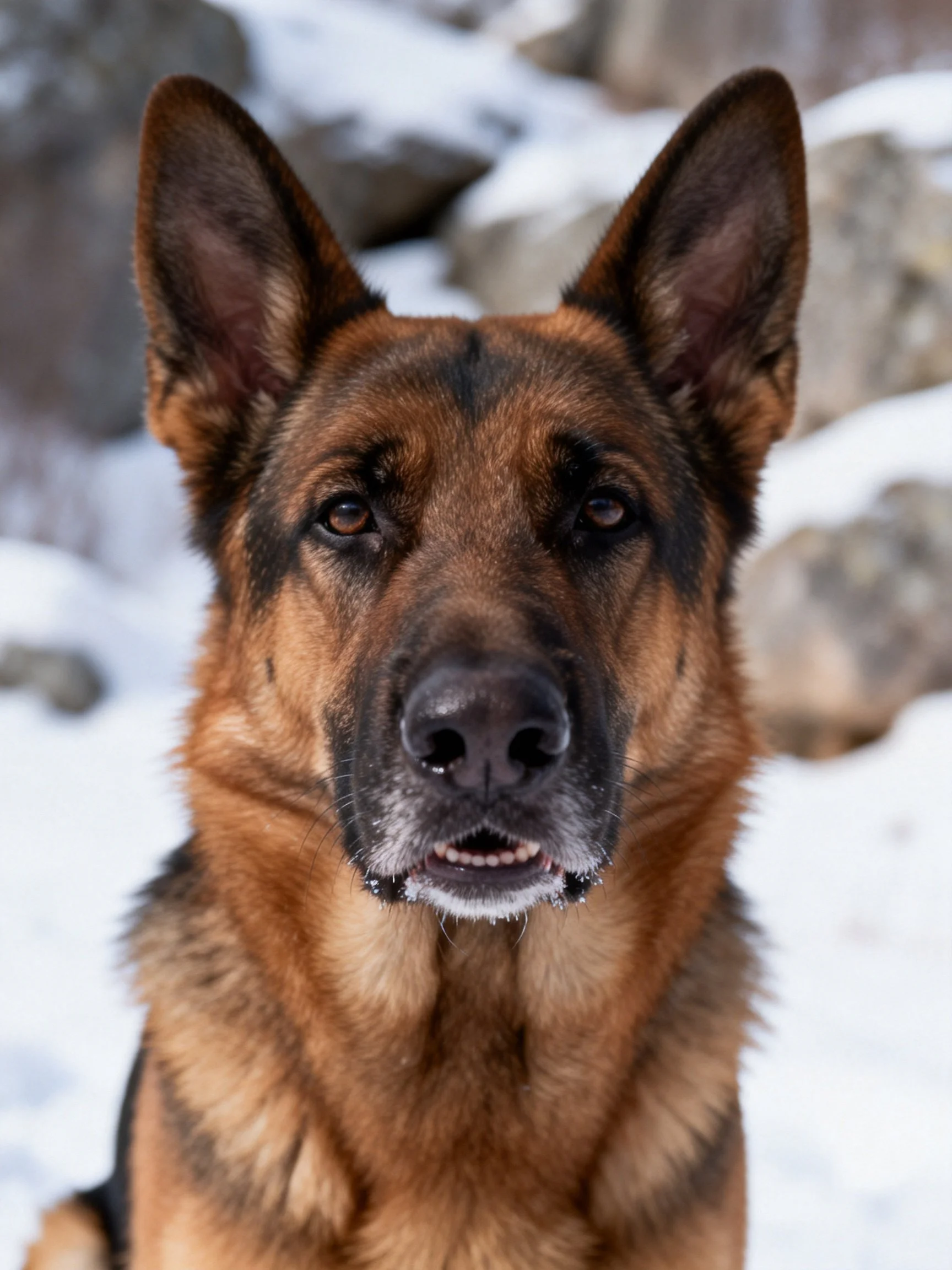 A German Shepherd stands alert among snow-covered rocks.