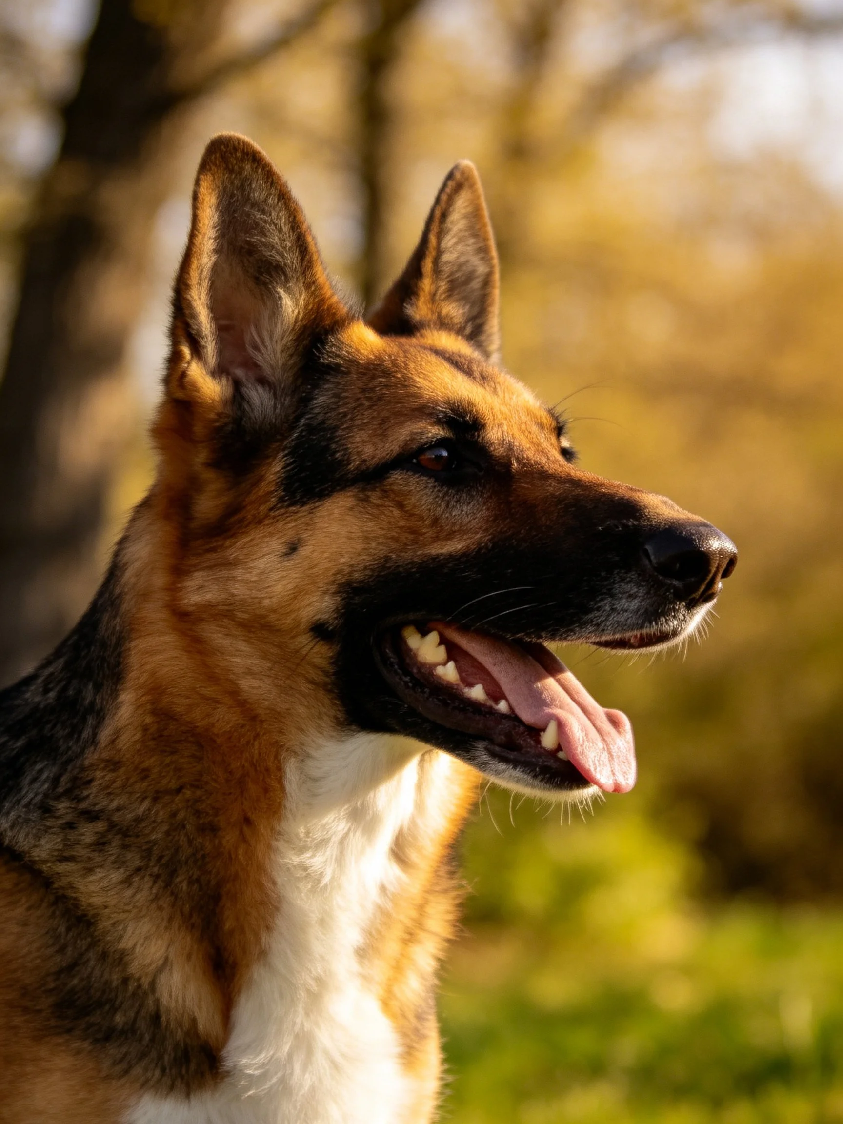 A German Shepherd relaxes in a sunlit natural outdoor setting.