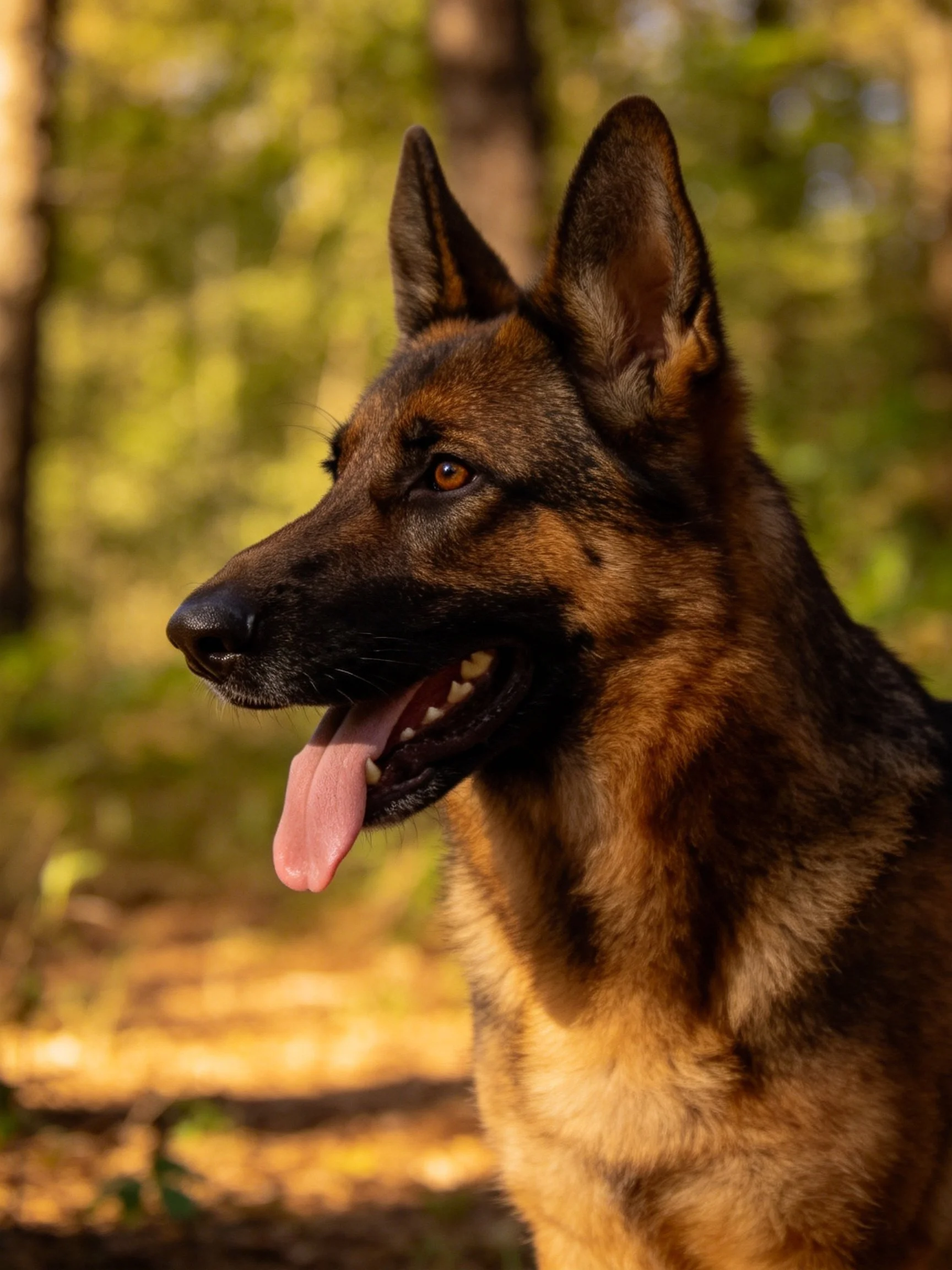 A German Shepherd stands alert in a sunlit forest setting.