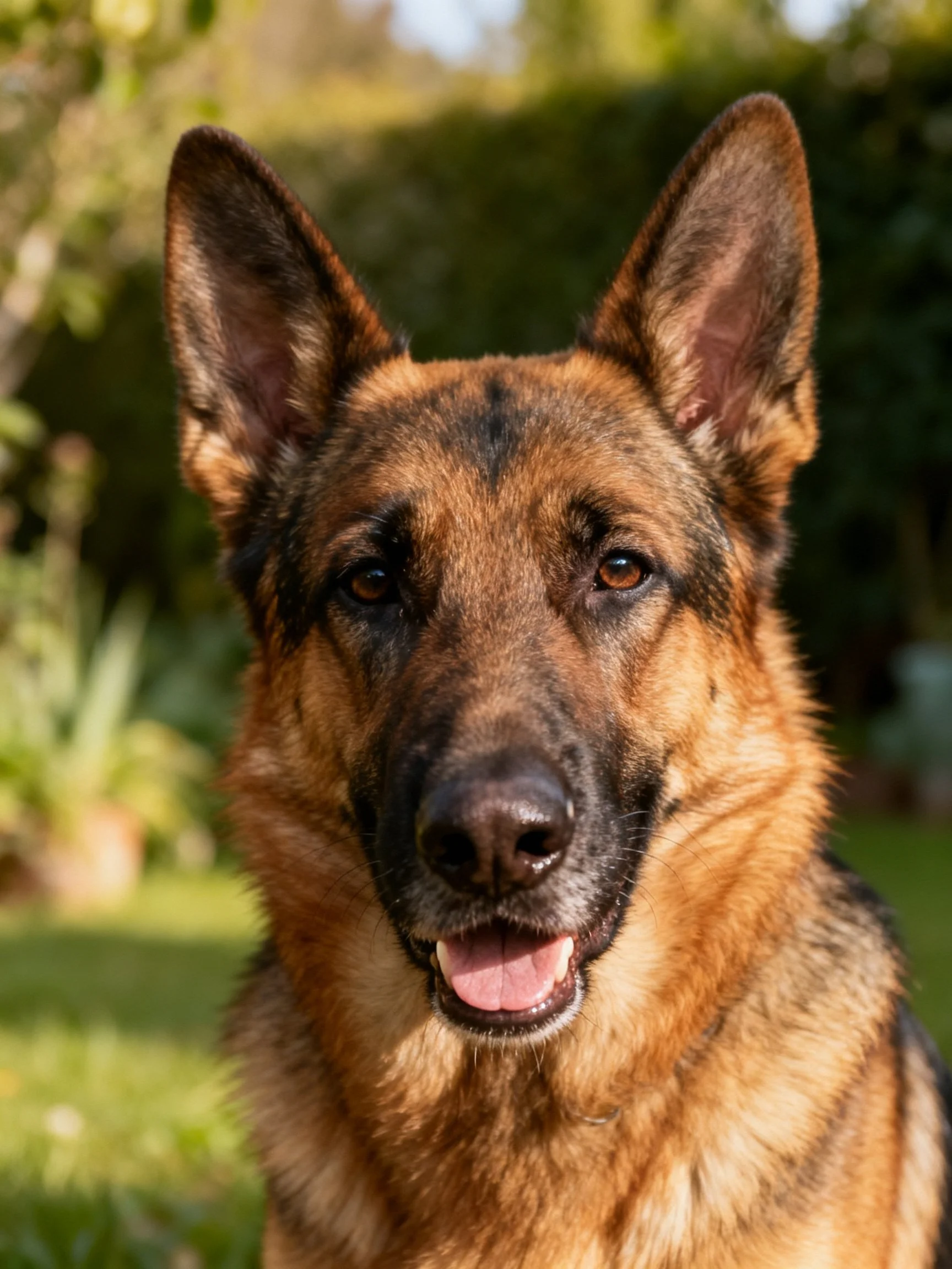 A German Shepherd is photographed in a sunlit outdoor garden.