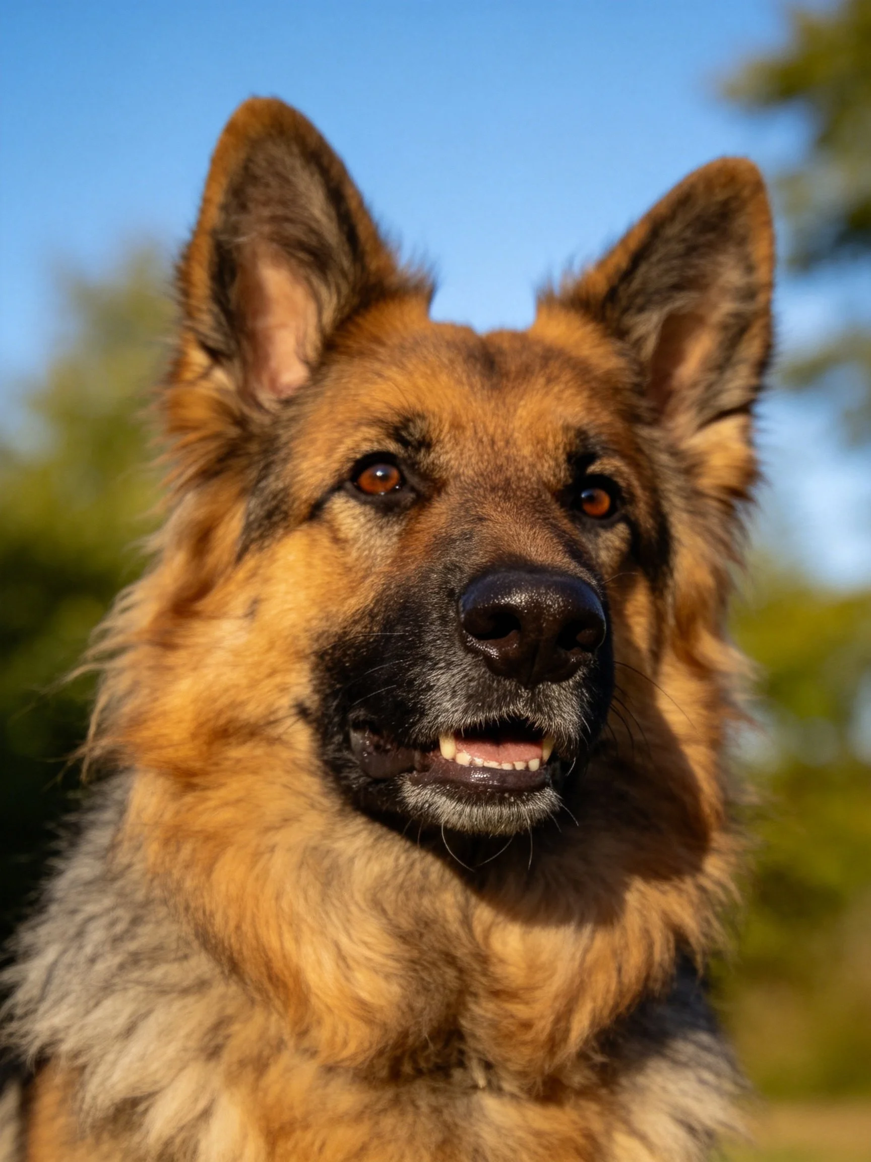 A German Shepherd with tan and black fur is photographed outdoors.