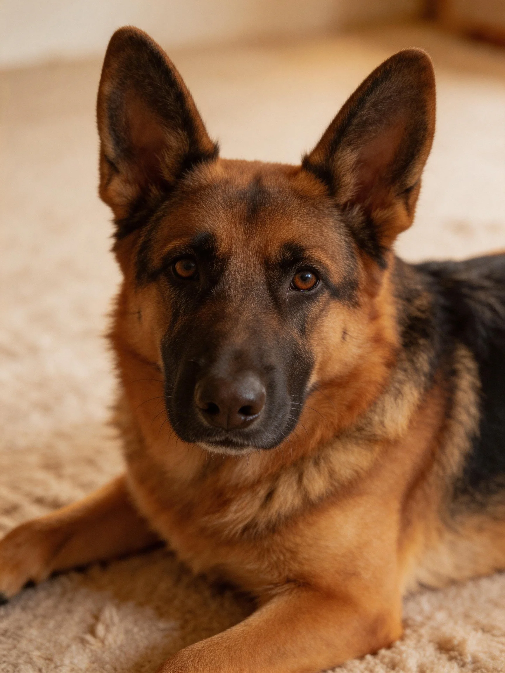 A German Shepherd lies calmly on a beige carpet indoors.