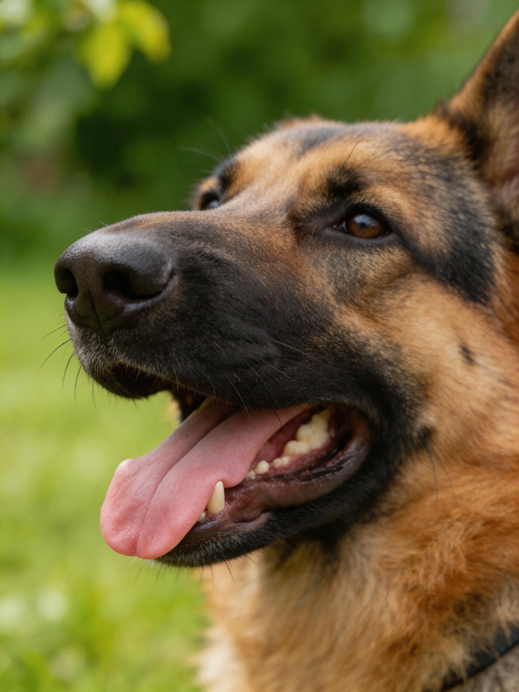 A German Shepherd dog with tan and black fur pants contentedly in a green outdoor area.