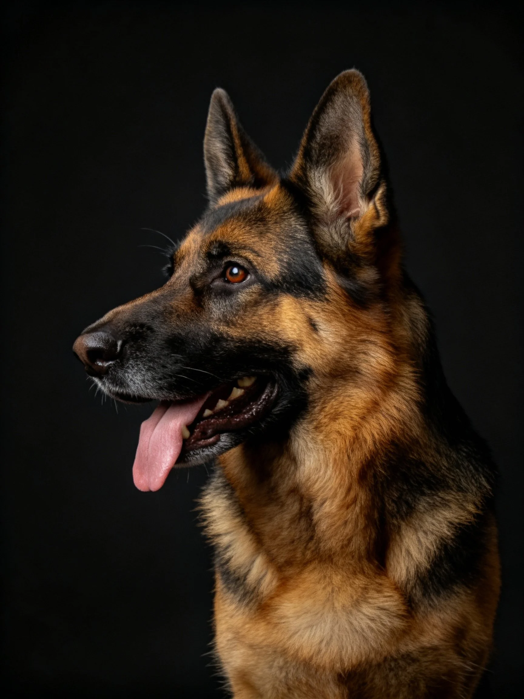 A German Shepherd dog is shown in profile with tan and black fur against a dark background.