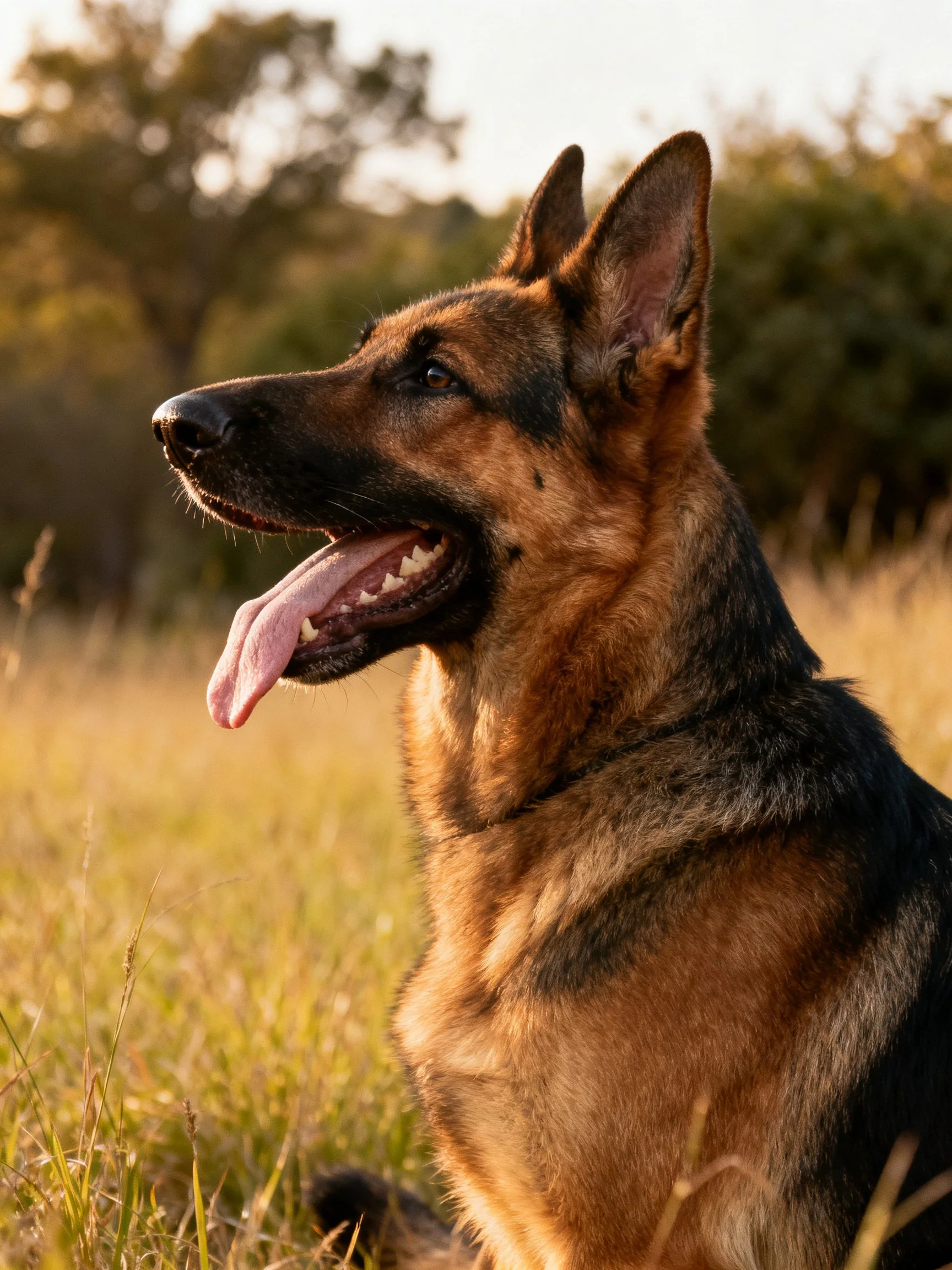 A German Shepherd rests in a sunlit field of tall grass.