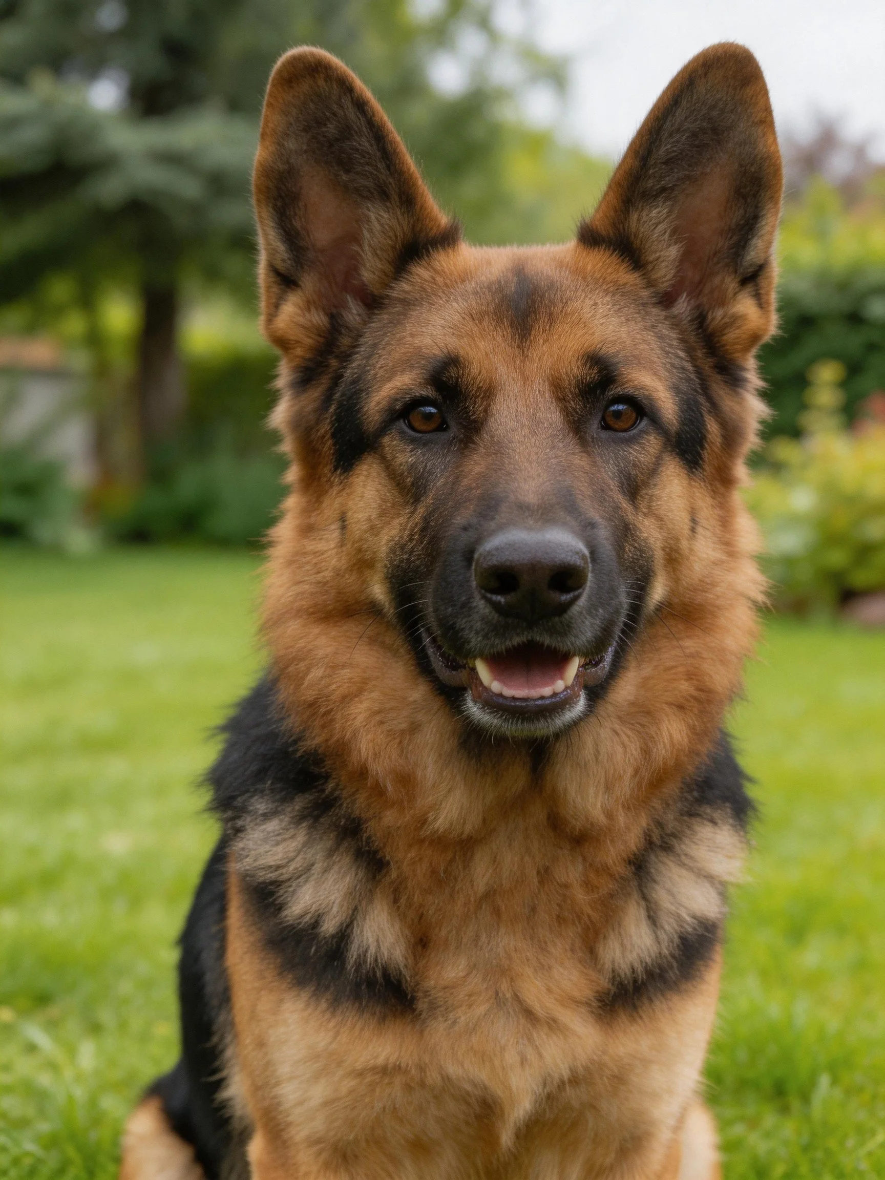 A German Shepherd with tan and black fur sits calmly on green grass in a garden.
