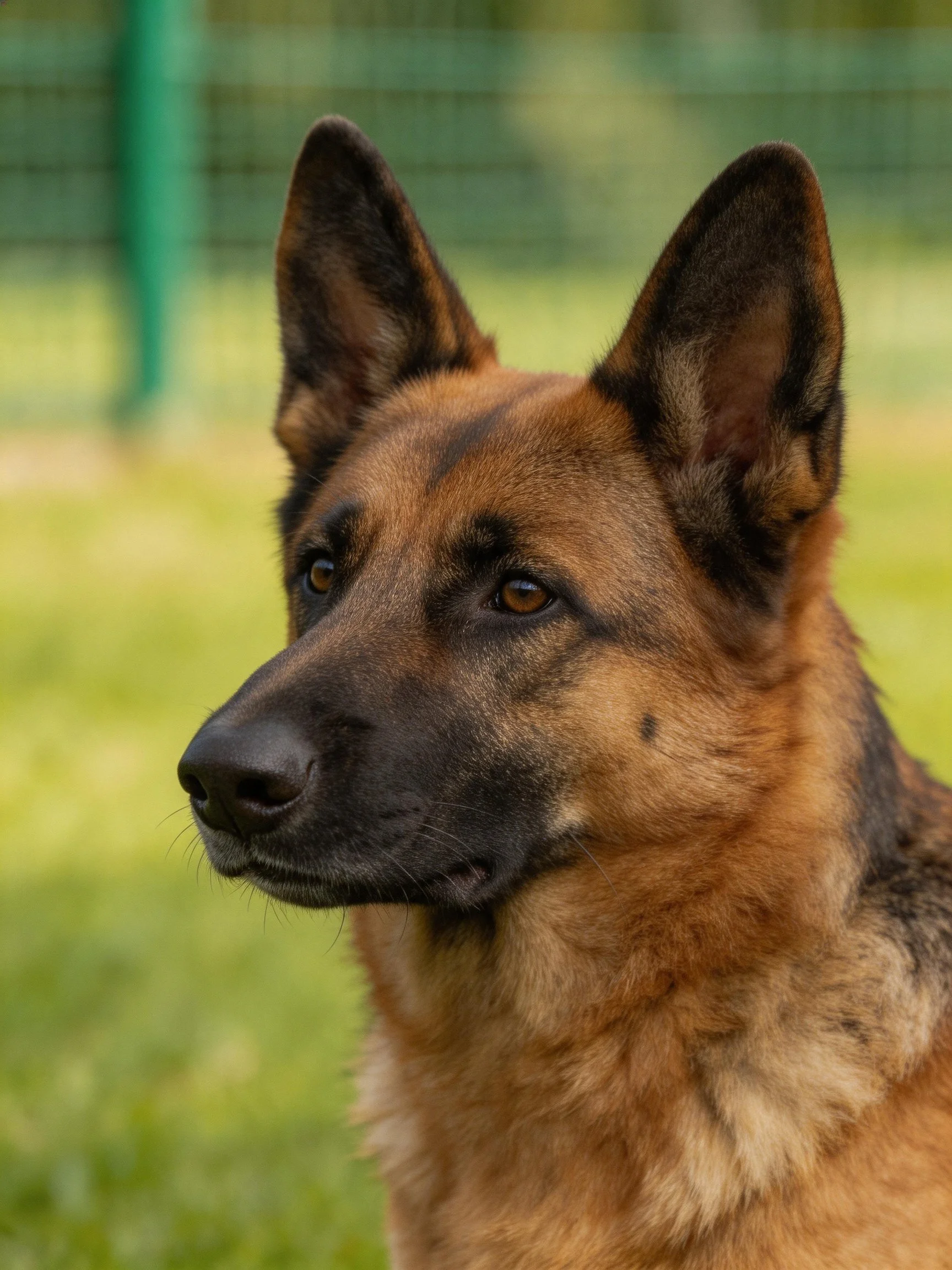 A German Shepherd with tan and black fur looks attentively outside.