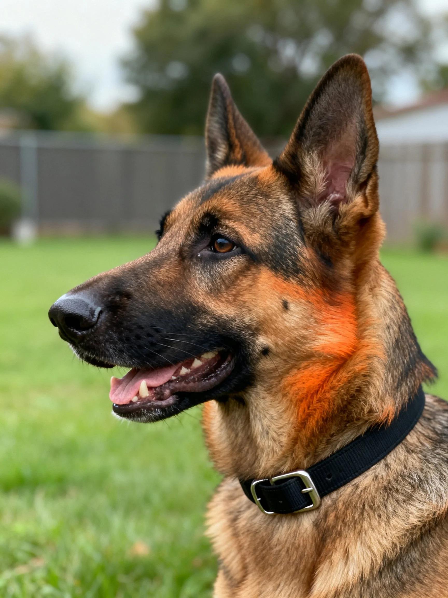 A German Shepherd with tan and black fur stands alert in a grassy outdoor area.