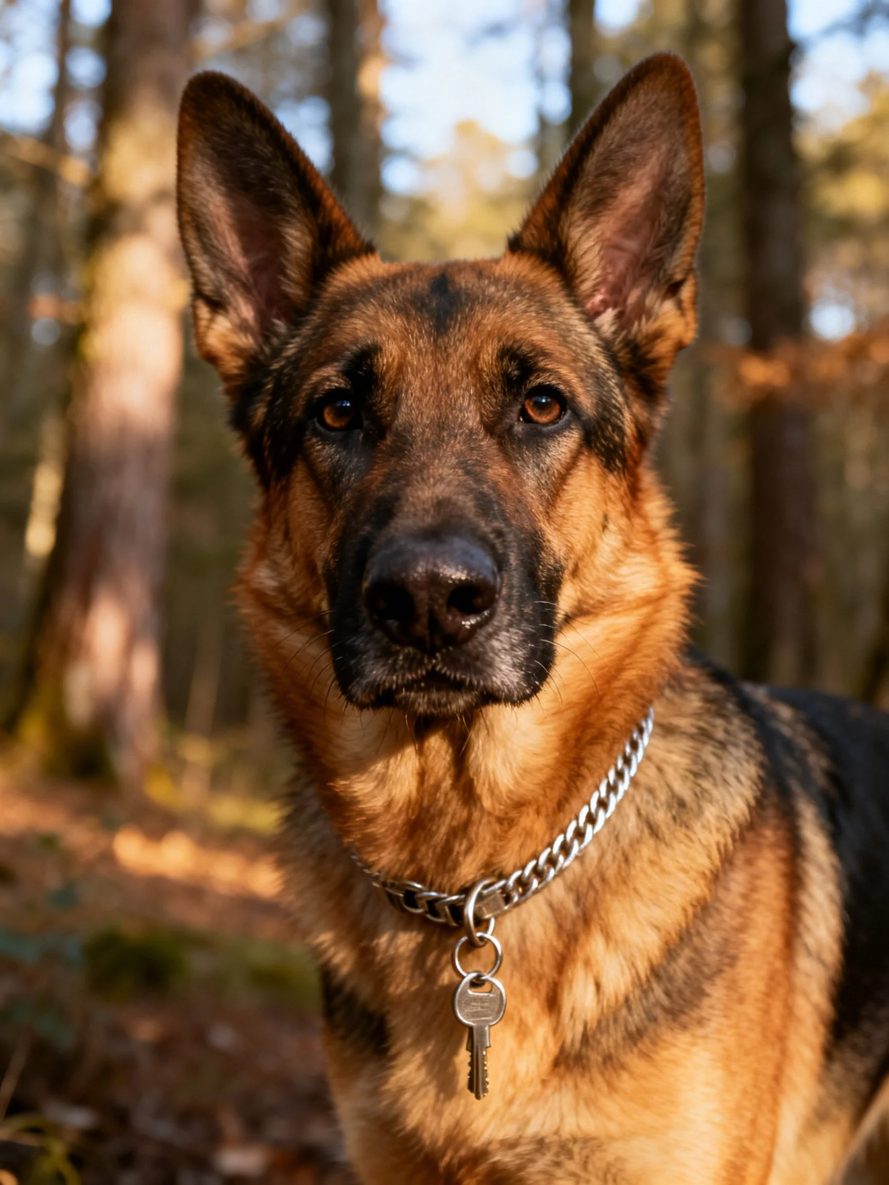 A German Shepherd stands alert in a sunlit forest.