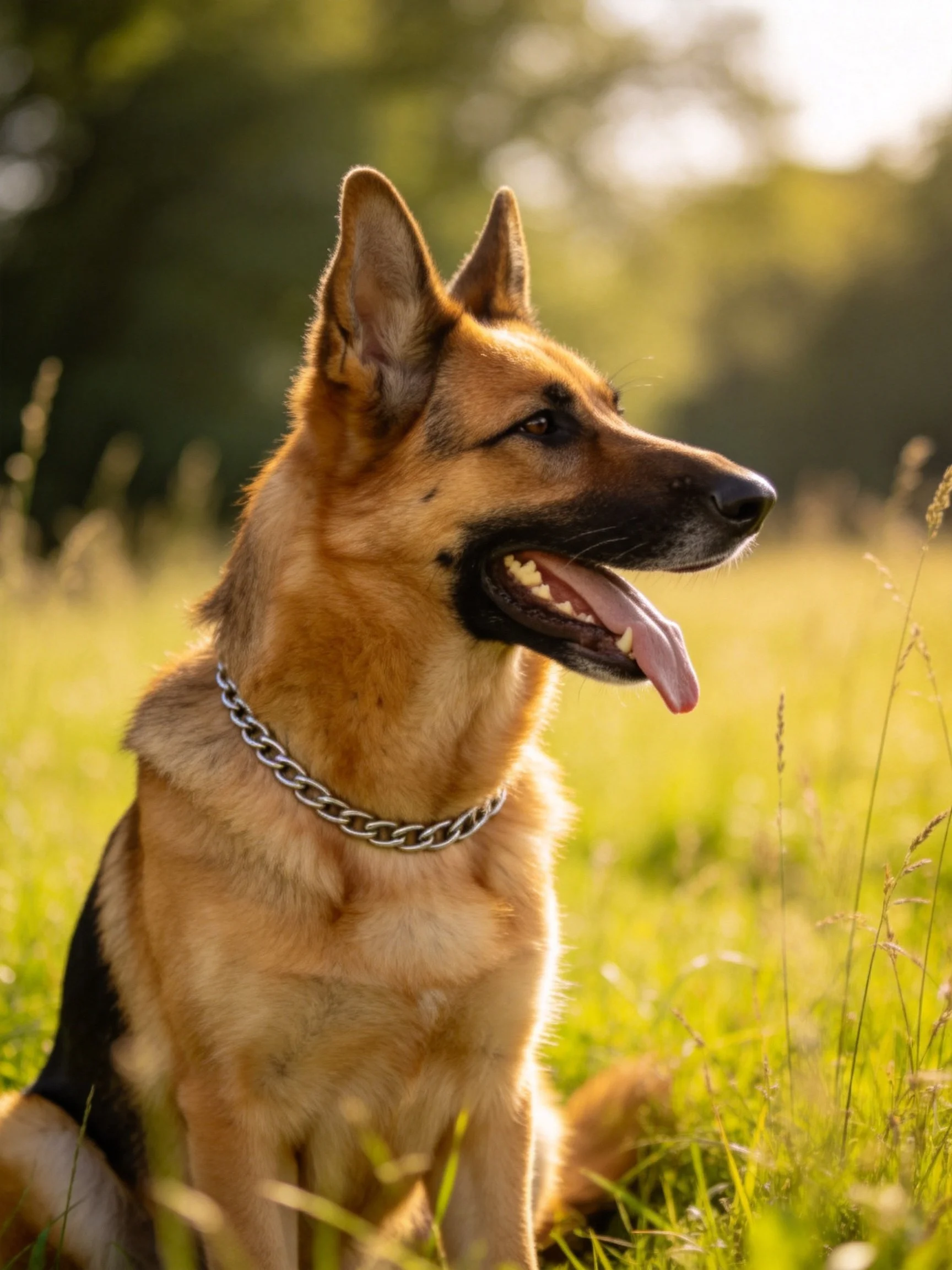 A German Shepherd rests in a sunlit grassy area with a silver chain collar.