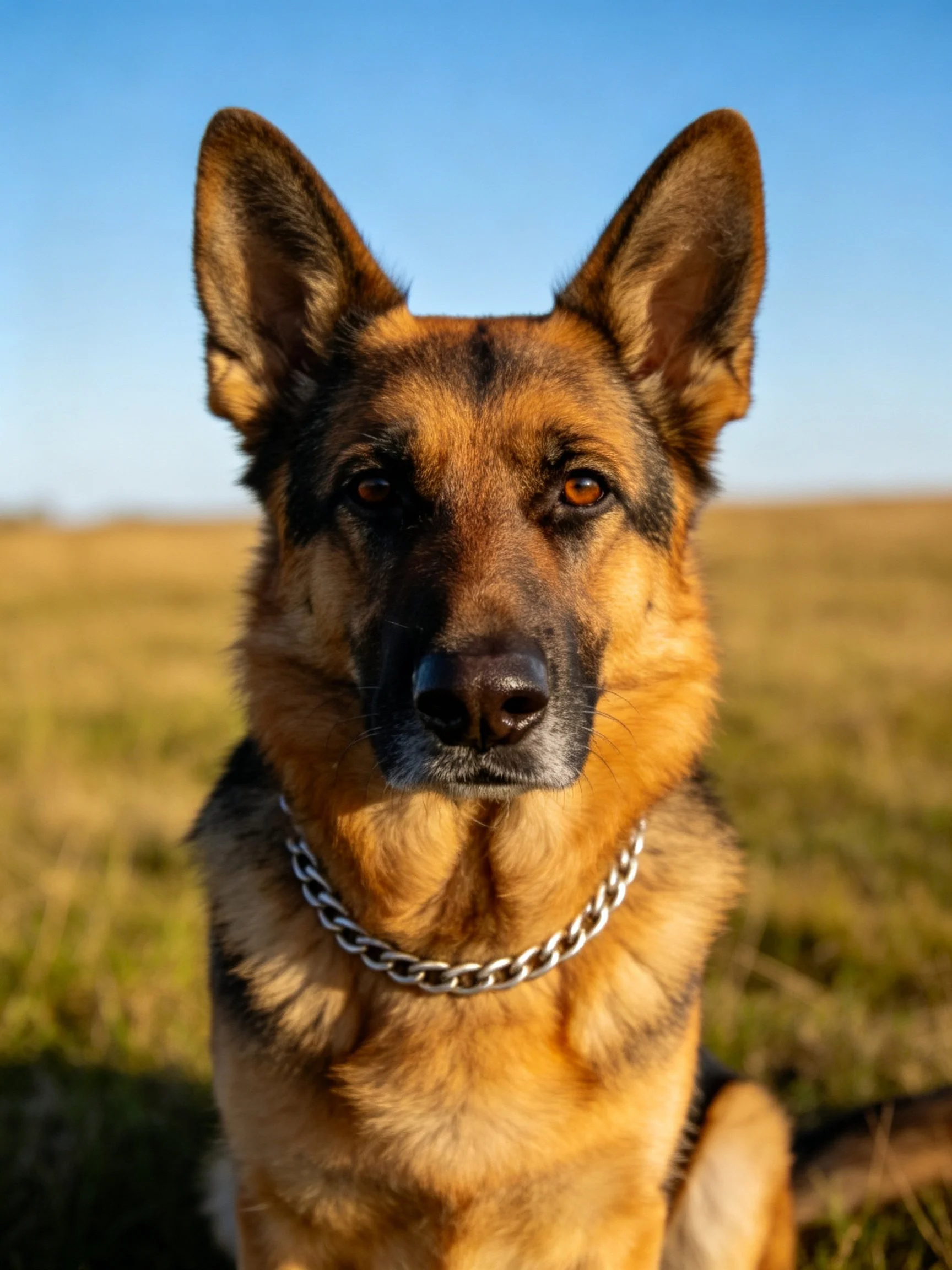 A German Shepherd with tan and black fur sits calmly in an open field with a silver chain collar.