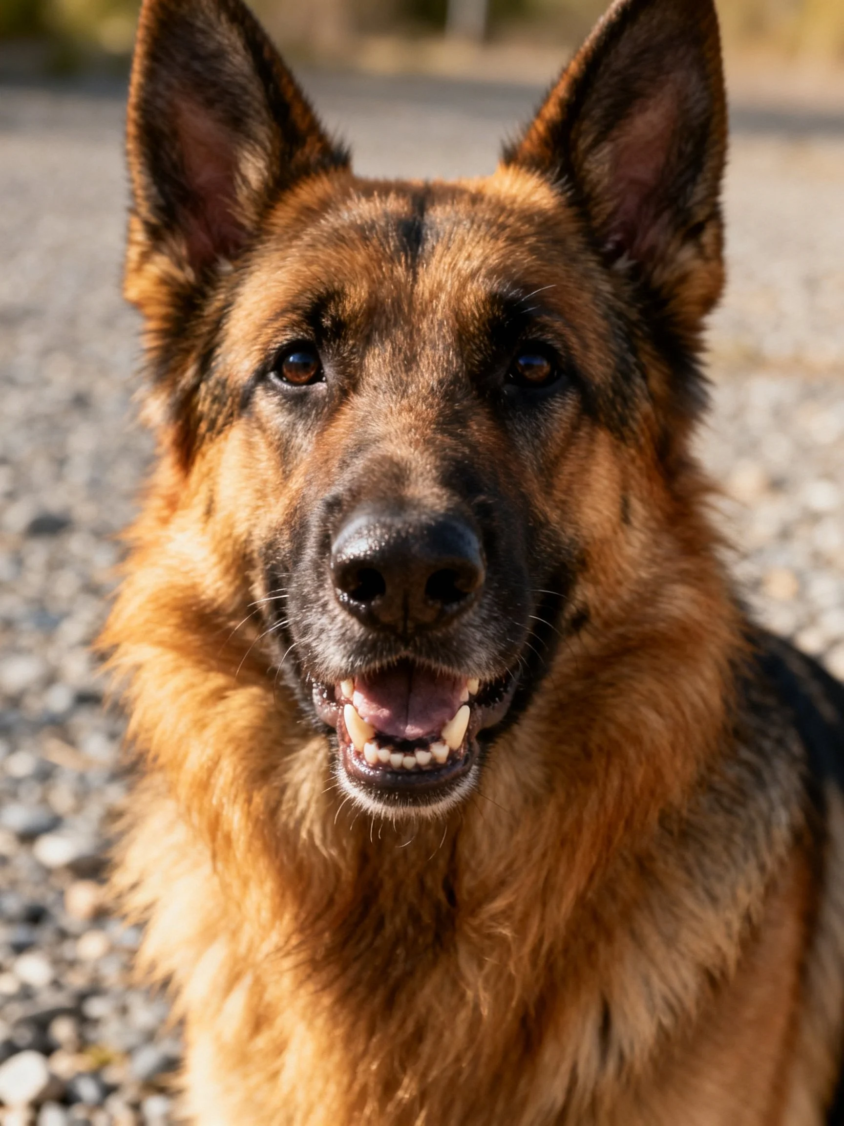 A German Shepherd with tan and dark brown fur stands outdoors.