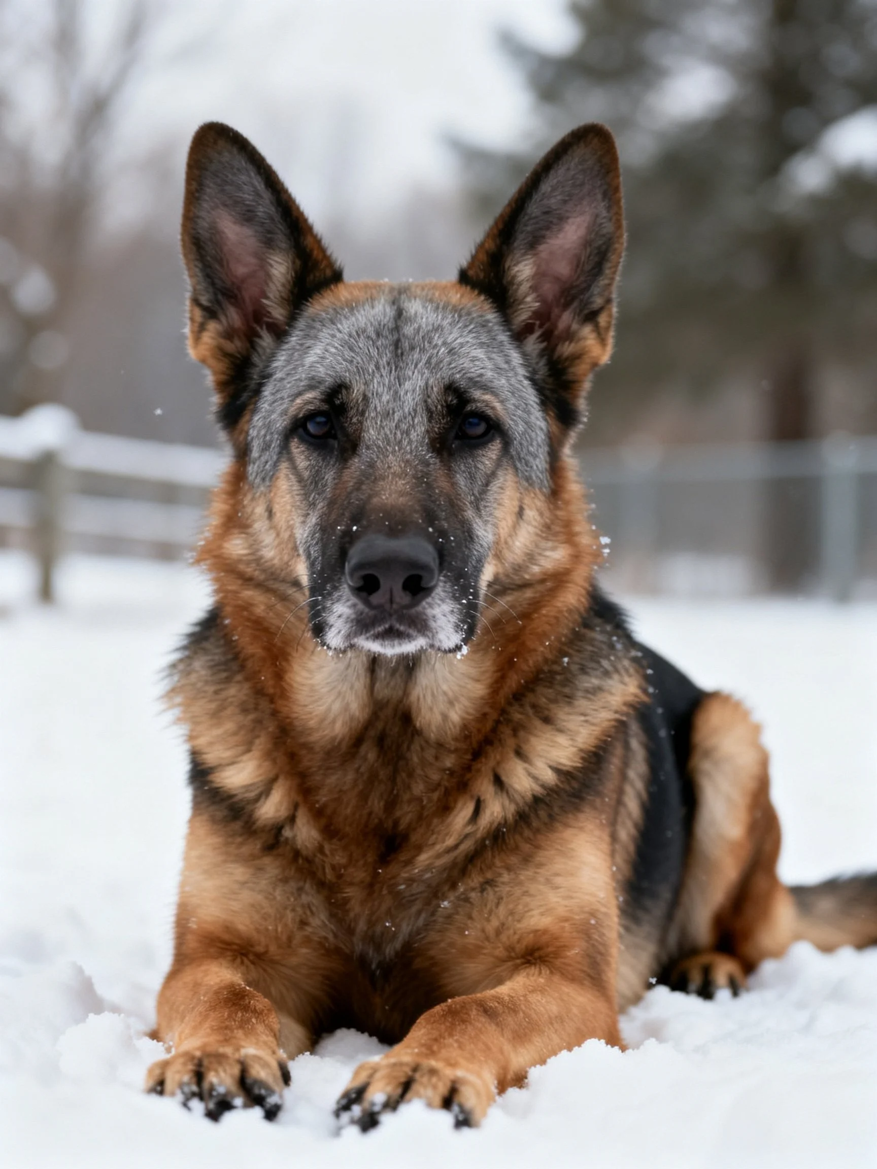 A German Shepherd rests calmly in a snowy landscape.