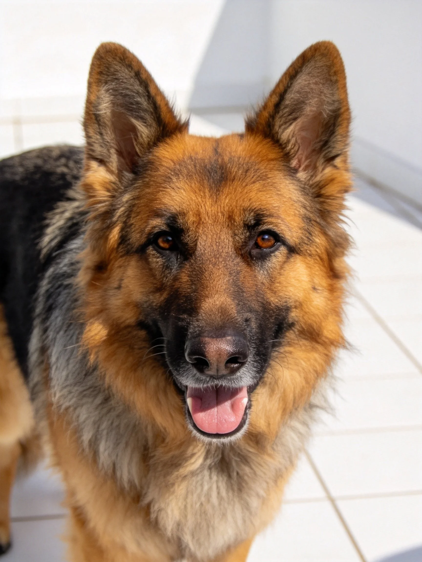 A German Shepherd with mixed fur colors stands on white tiles.