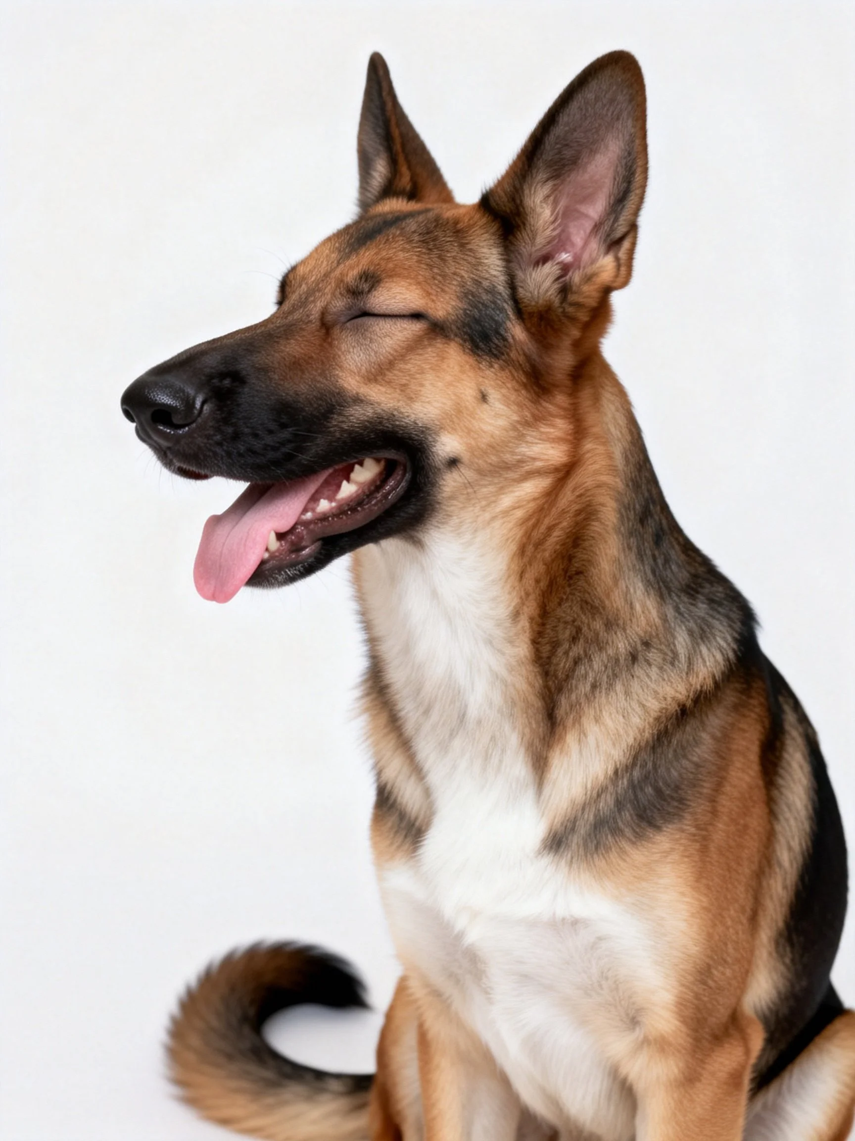 A German Shepherd sits calmly with eyes closed and mouth open.