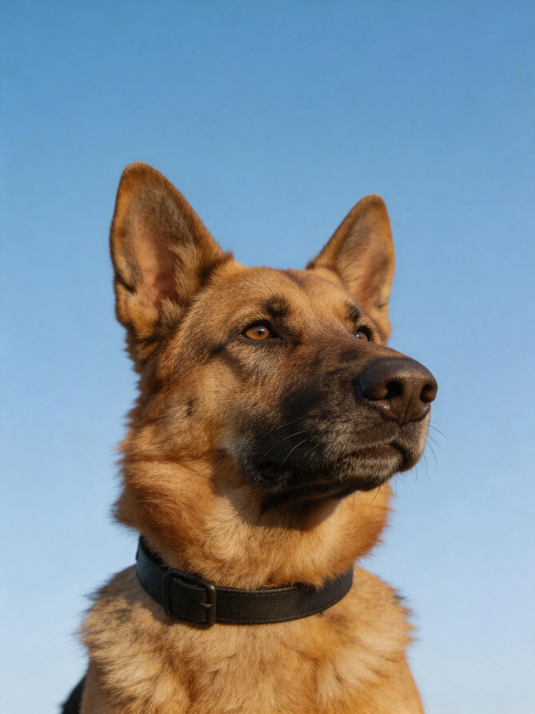 A German Shepherd with tan fur and black collar against a clear blue sky