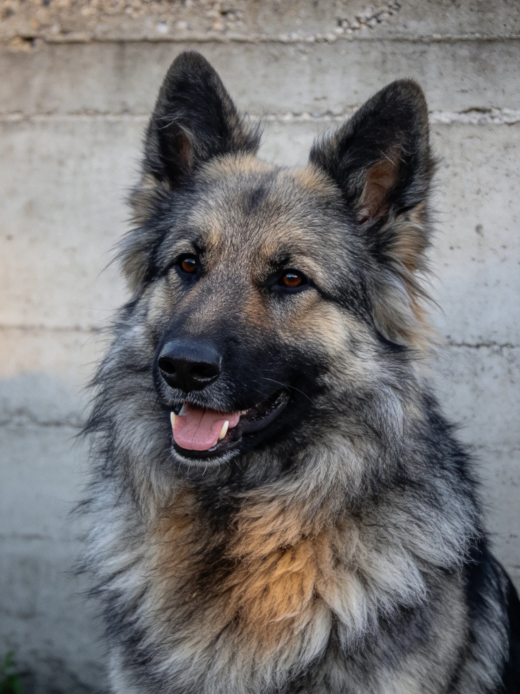 A German Shepherd with thick fur stands near a concrete wall.
