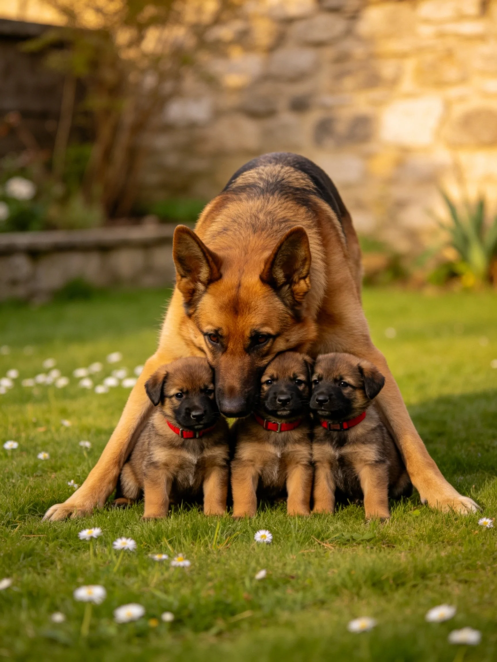 A German Shepherd shields three puppies on a grassy area dotted with white flowers.