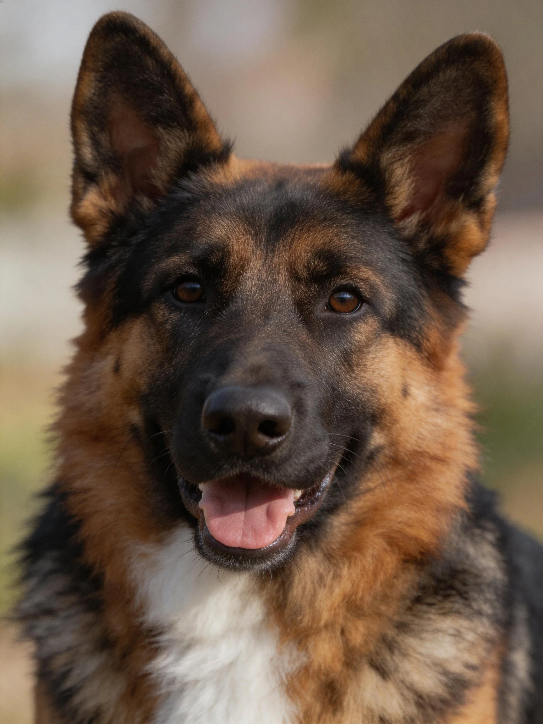 A German Shepherd with tricolor fur displays an alert, friendly demeanor.