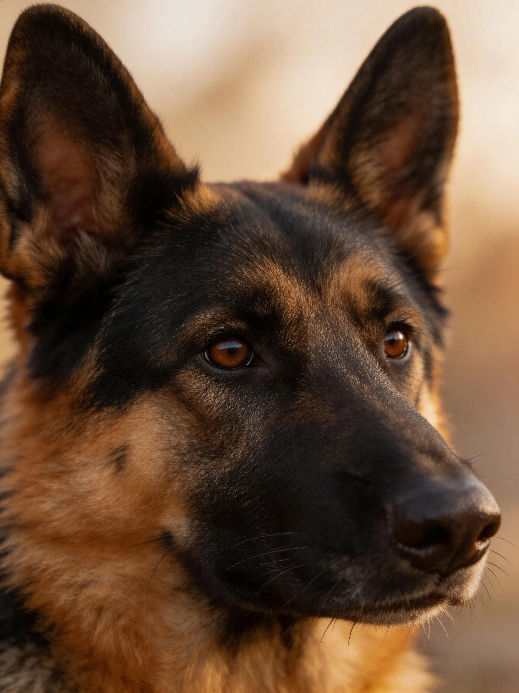 A close - up of a German Shepherd with black and tan fur looking attentively