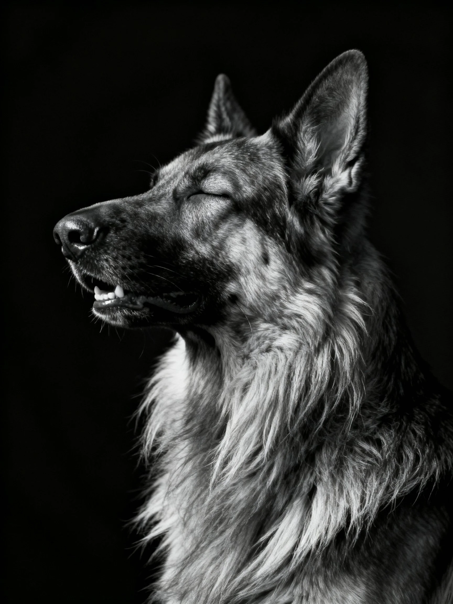 A German Shepherd’s profile in dramatic monochrome with detailed fur