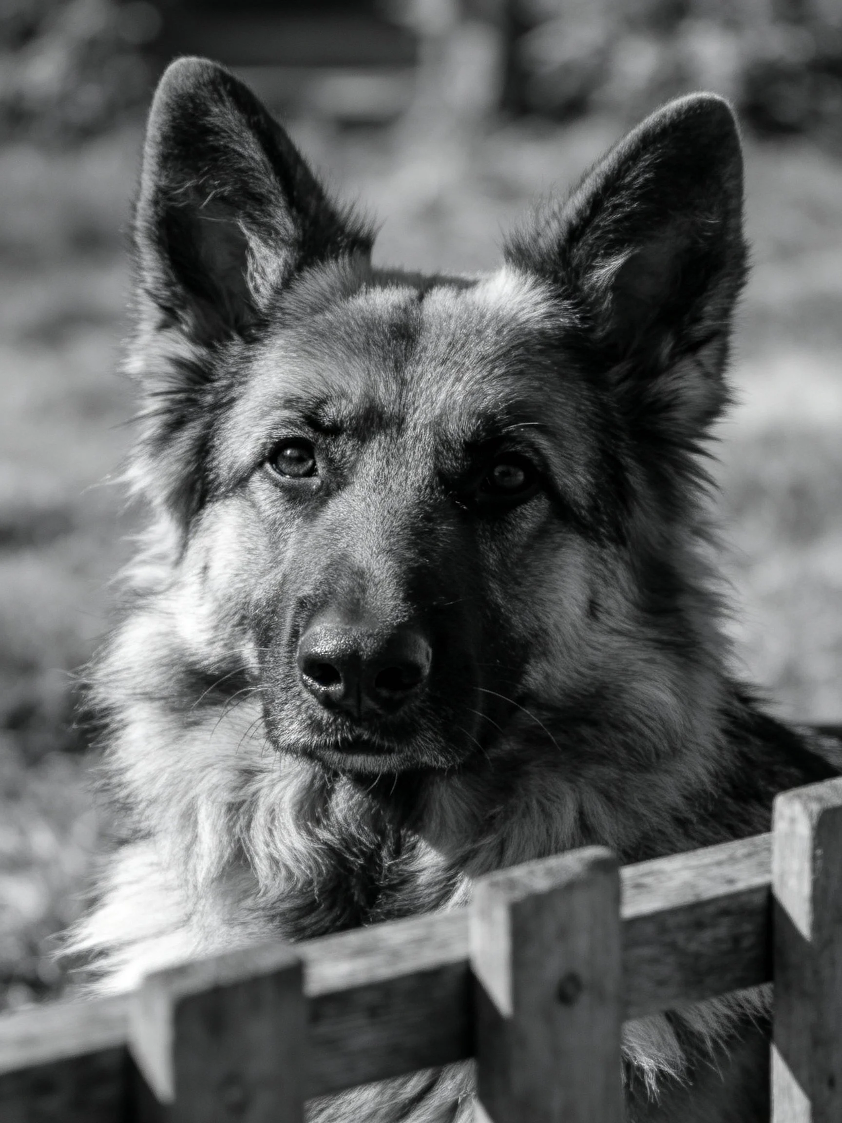 A German Shepherds Intense Gaze Behind a Wooden Fence