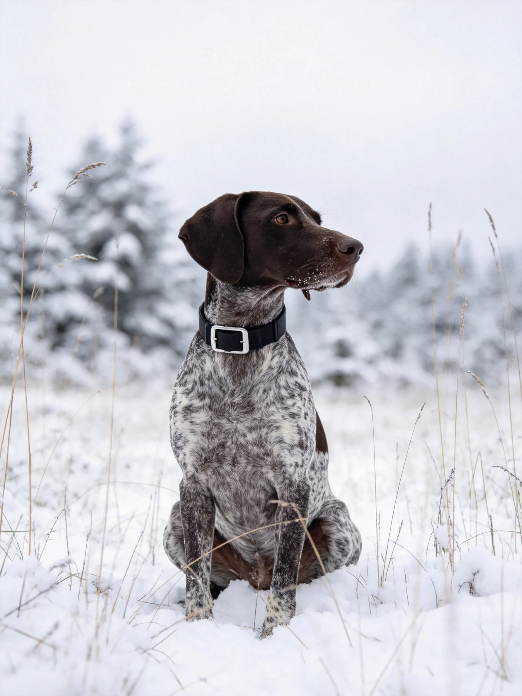 A German Shorthaired Pointer sits calmly in a snowy field with tall grasses.