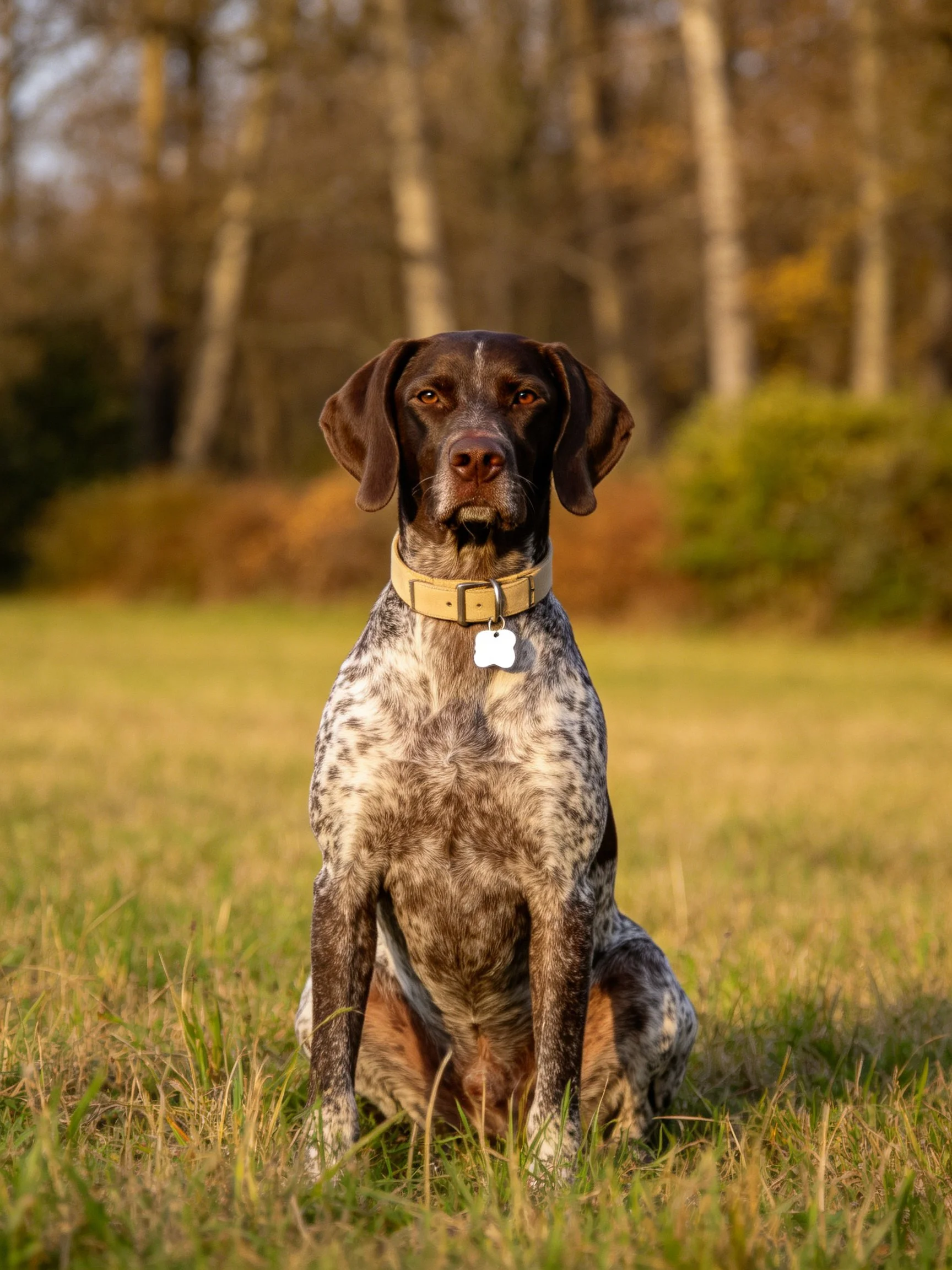 A German Shorthaired Pointer sits calmly in a sunlit grassy area.