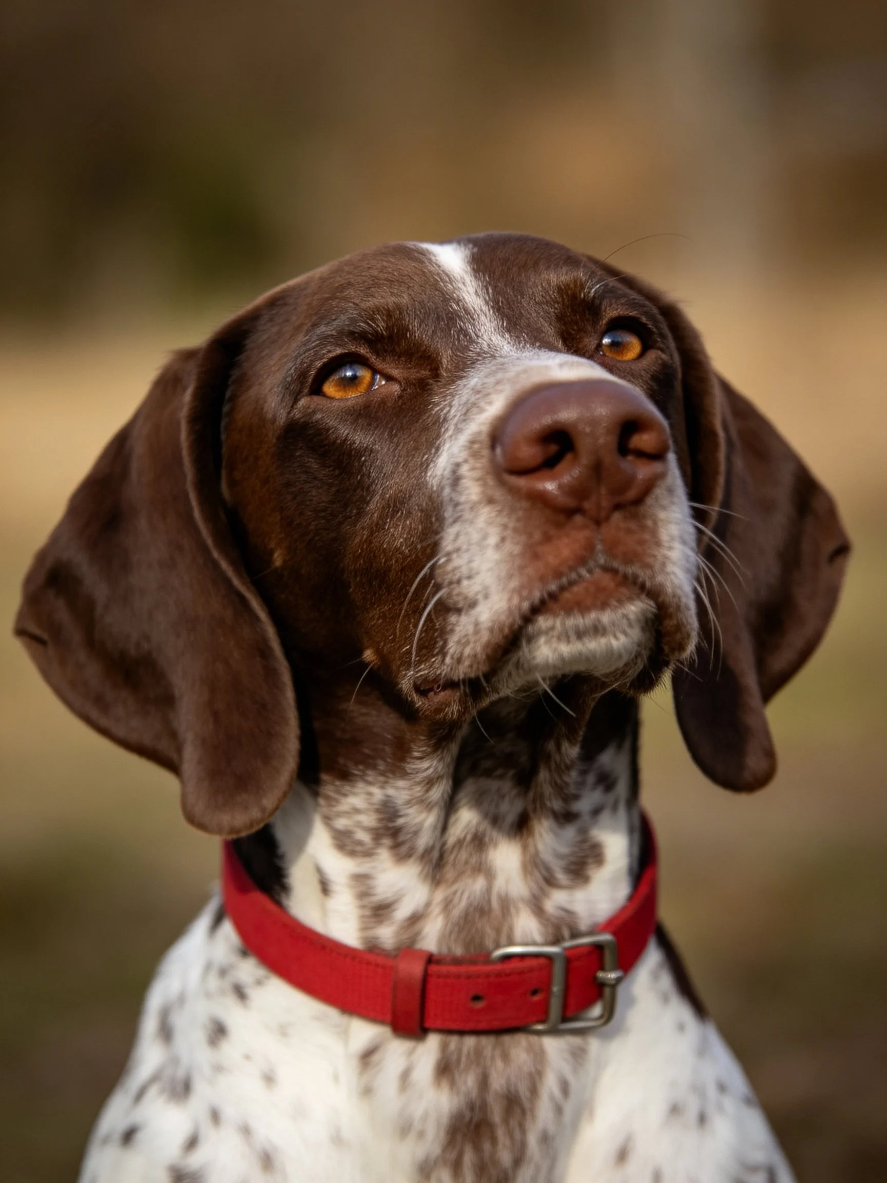 A German Shorthaired Pointer with a red collar gazes attentively.