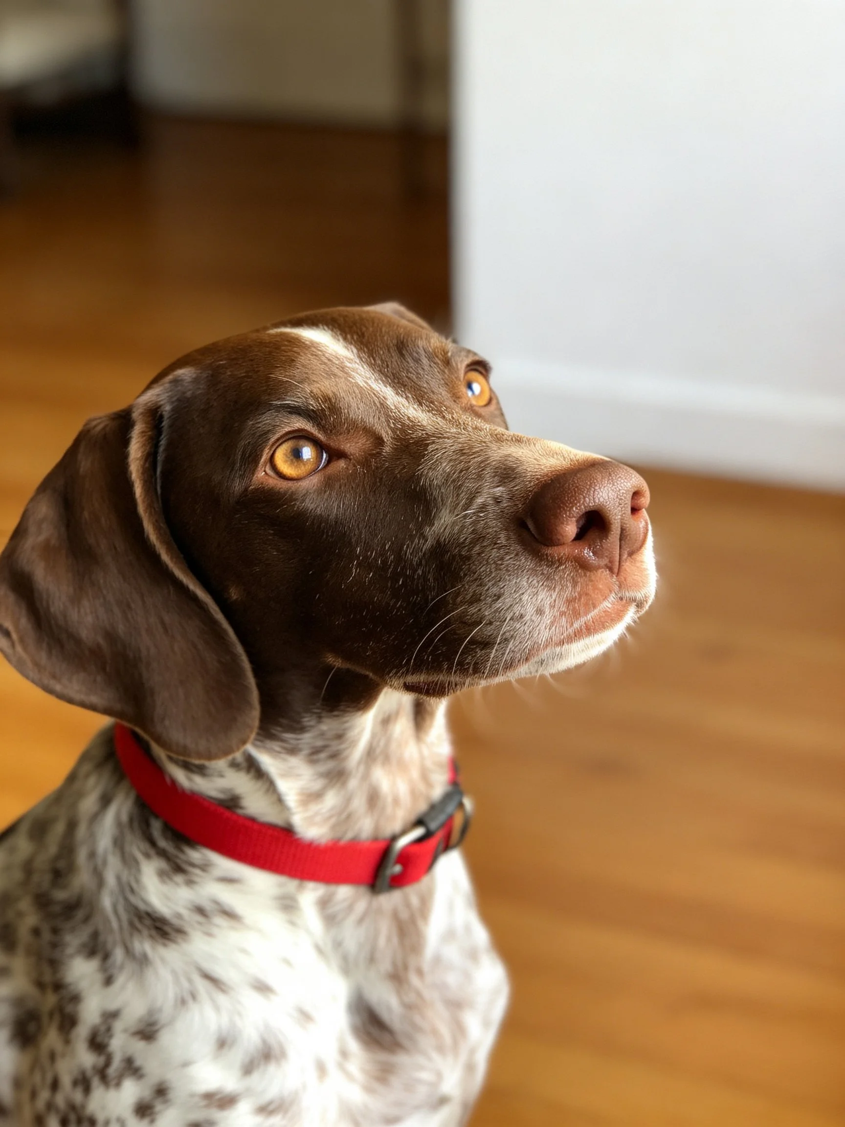 A German Shorthaired Pointer with brown and white fur and a red collar is indoors.