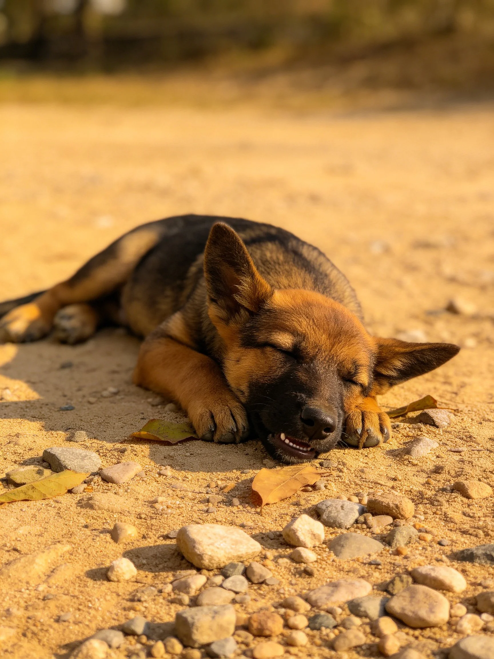 A German Shepherd puppy sleeps peacefully on a gravelly dirt path.