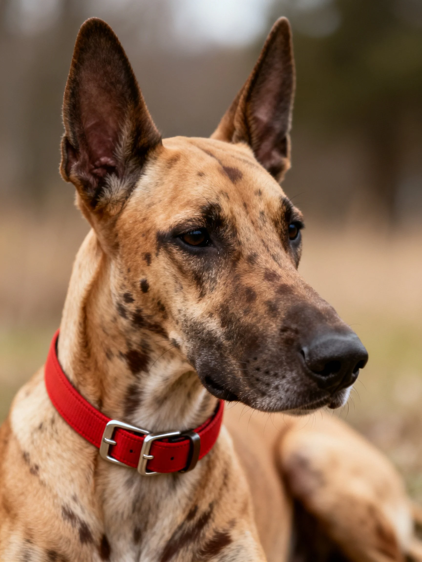 A Great Dane with a red collar, tan and brown spotted coat, alert stance.