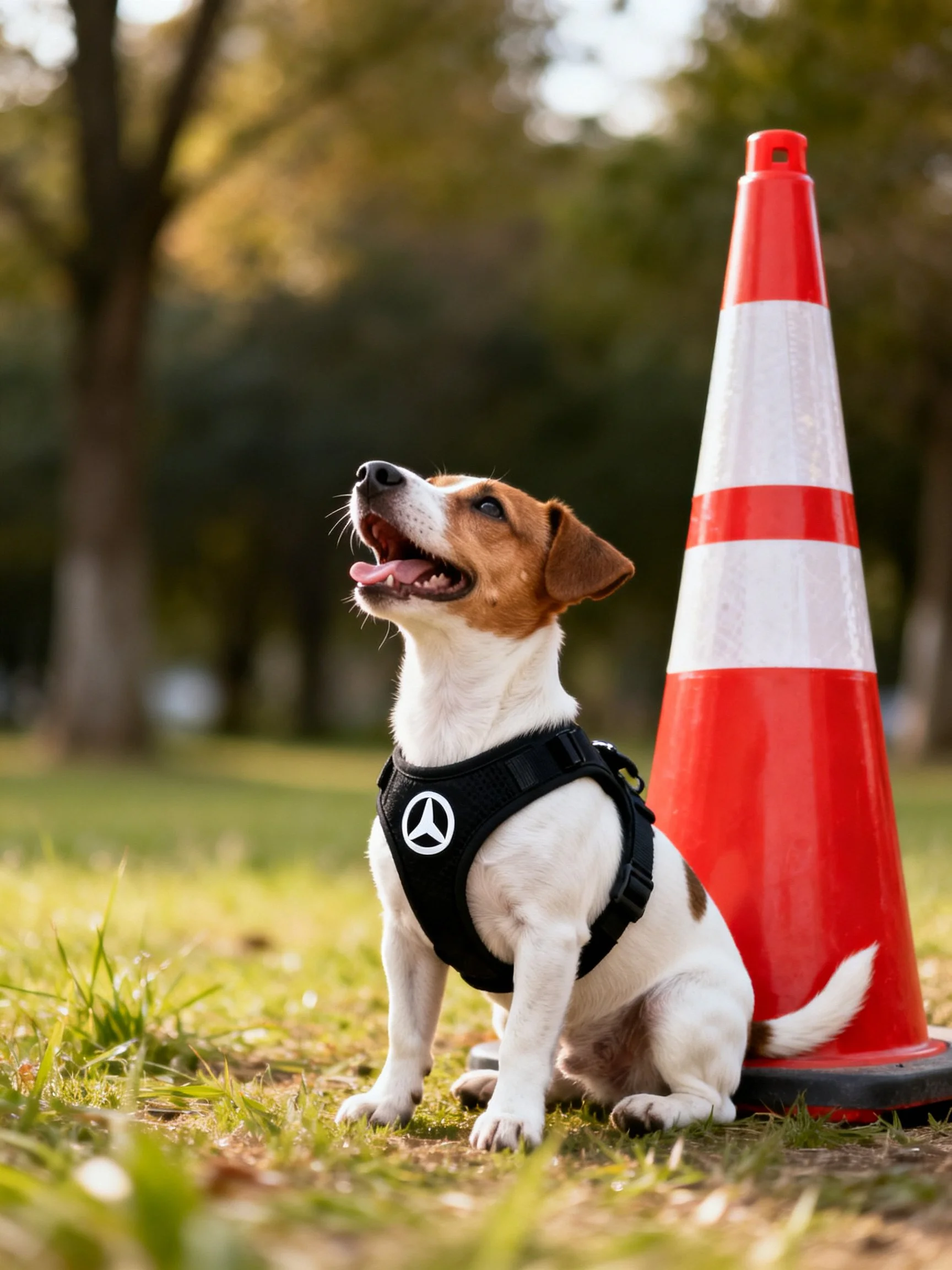A Jack Russell Terrier sits beside a red and white traffic cone in a sunny park
