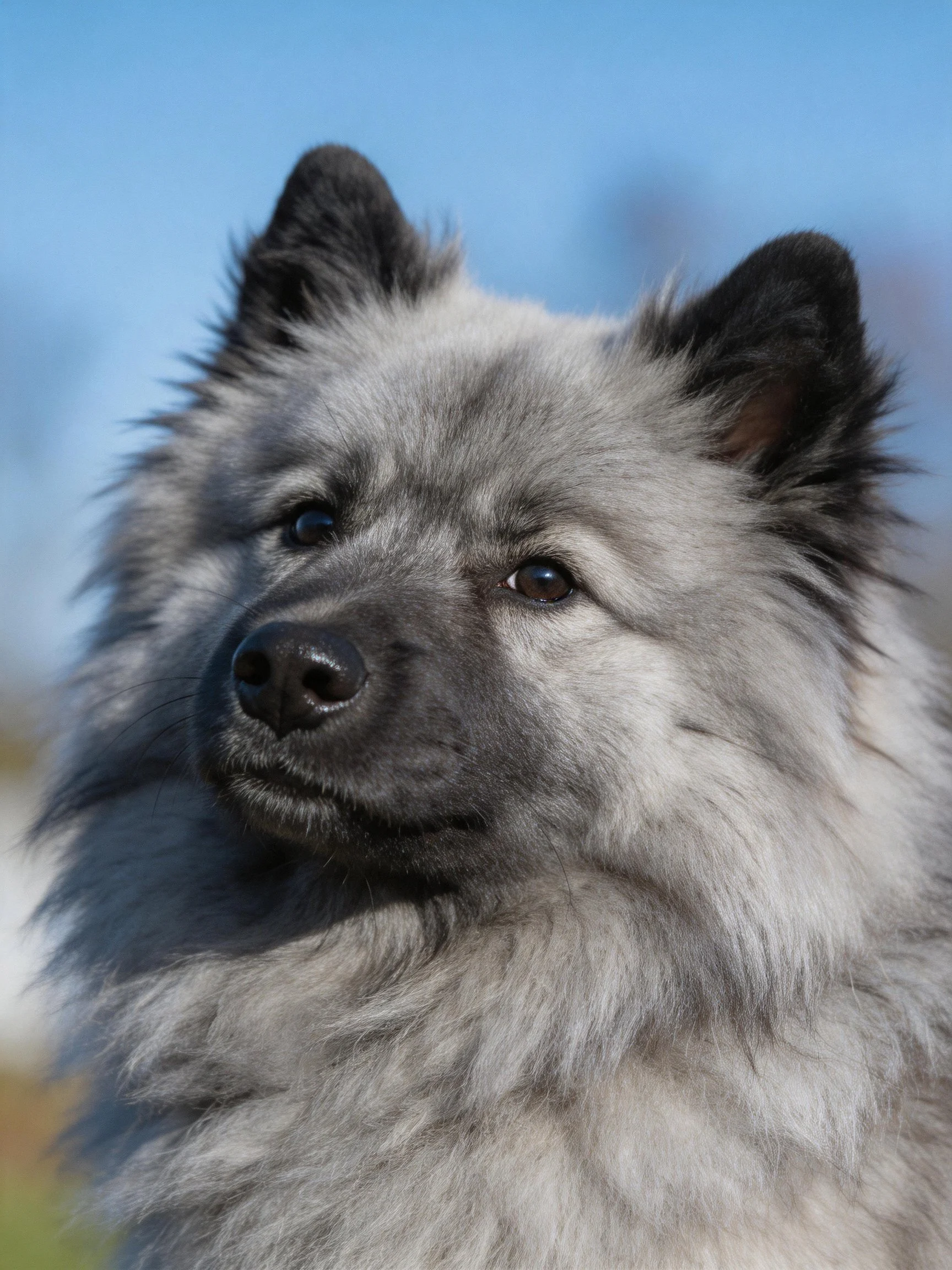 A Keeshond dog with thick gray and black fur stands alert outdoors.