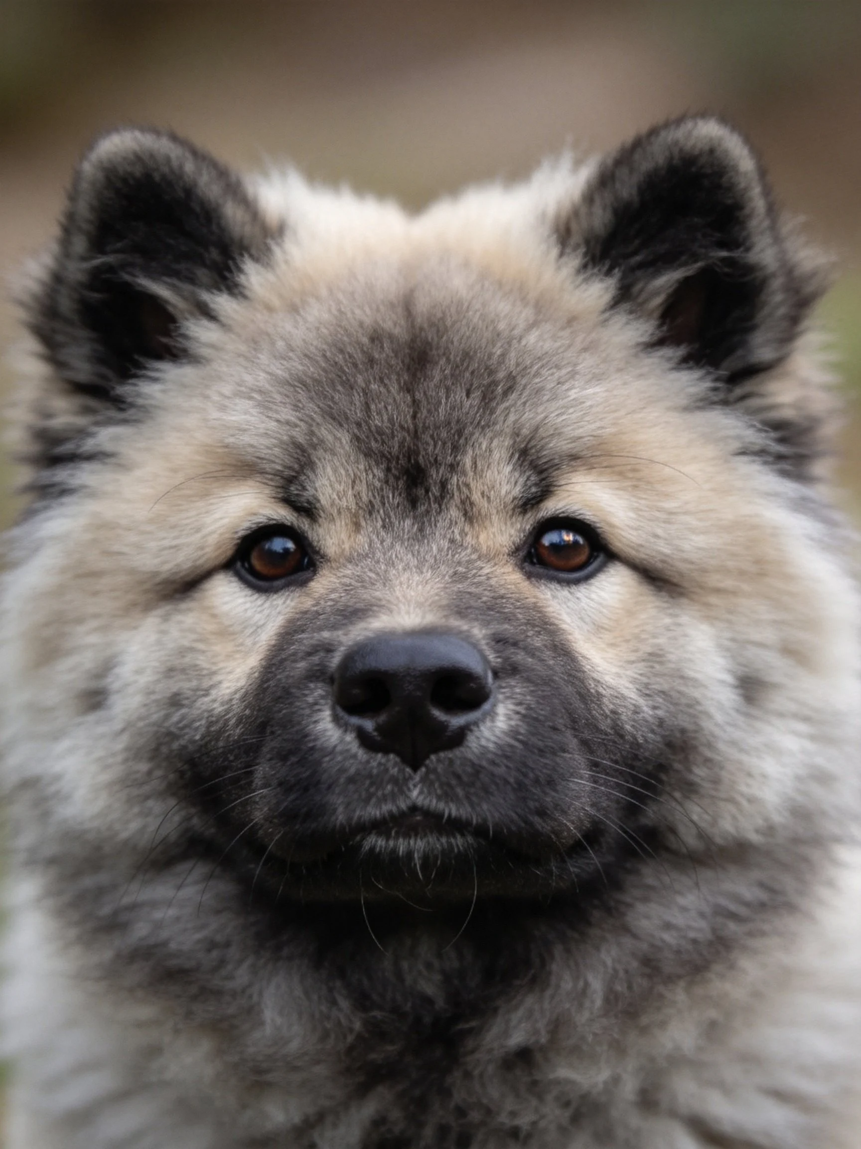 A Keeshond puppy with thick gray and beige fur gazes directly at the camera.