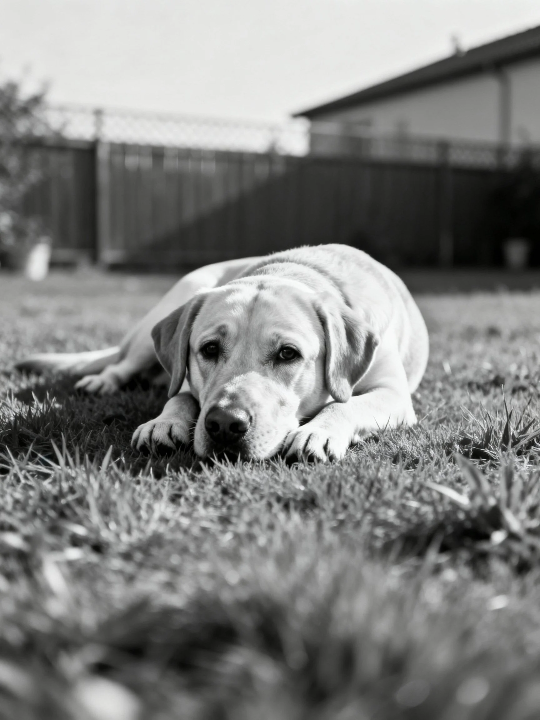 A Labrador Retriever lies calmly on grass in a residential outdoor setting.