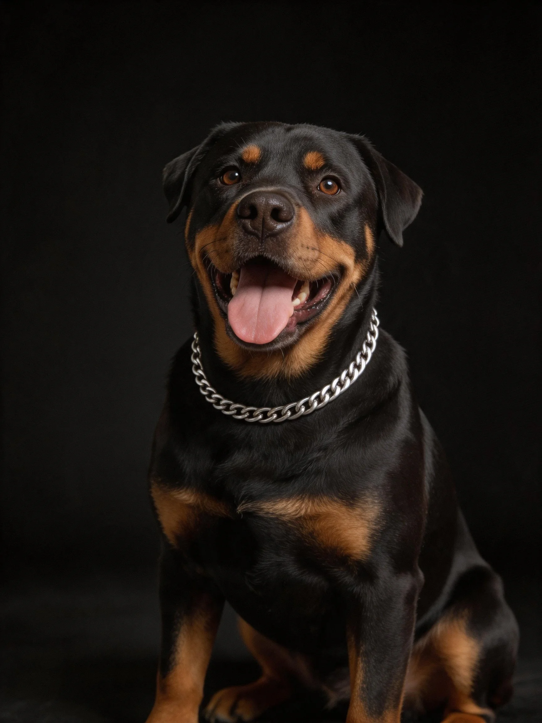 A Rottweiler dog with a silver chain collar poses happily against a dark background