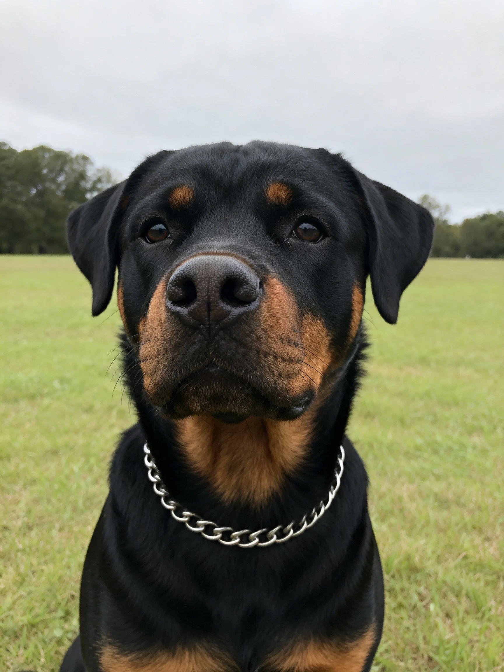 A Rottweiler puppy with tan facial markings sits in a grassy field wearing a silver chain collar