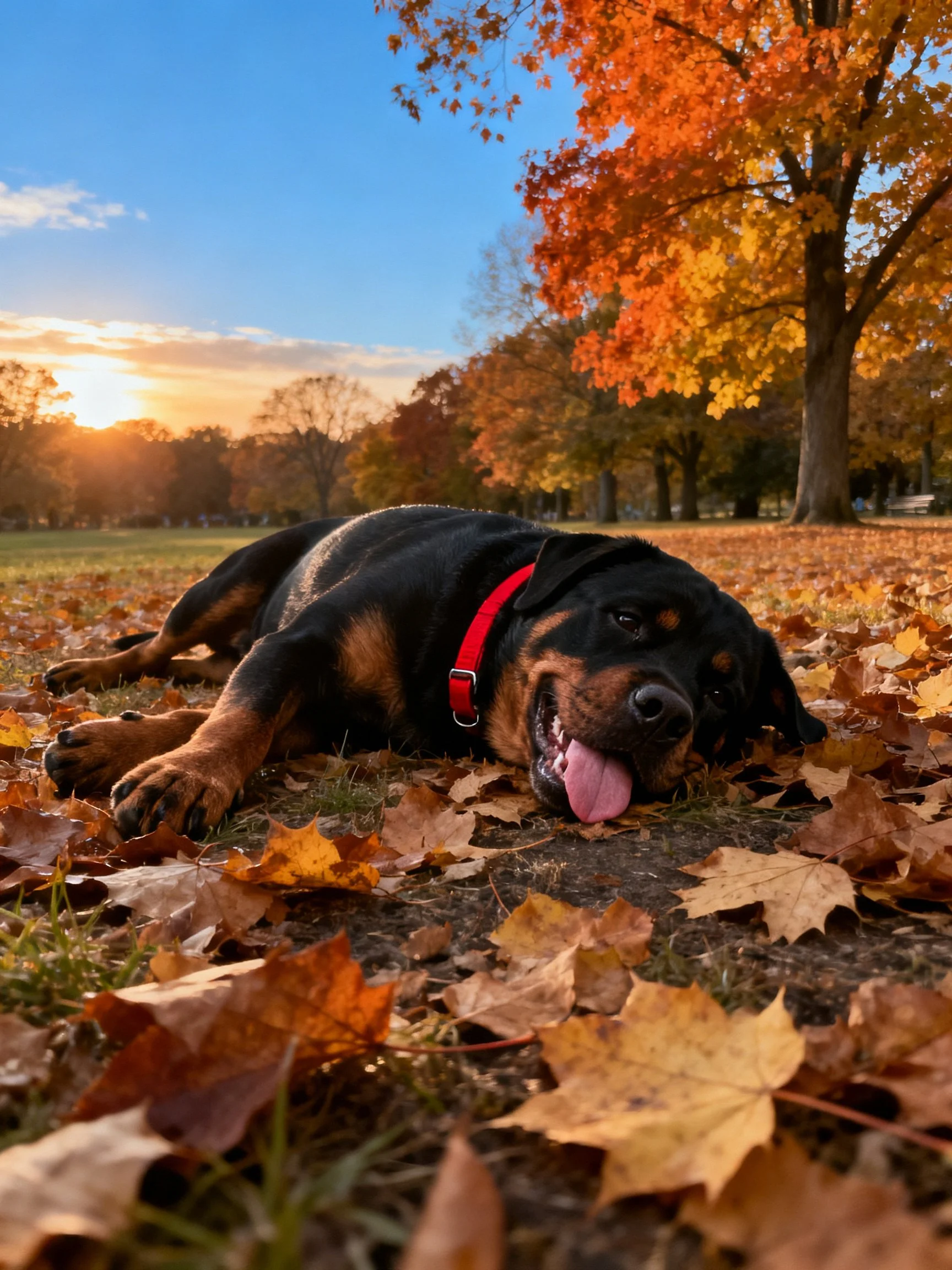 A Rottweiler rests on autumn leaves in a sunlit park