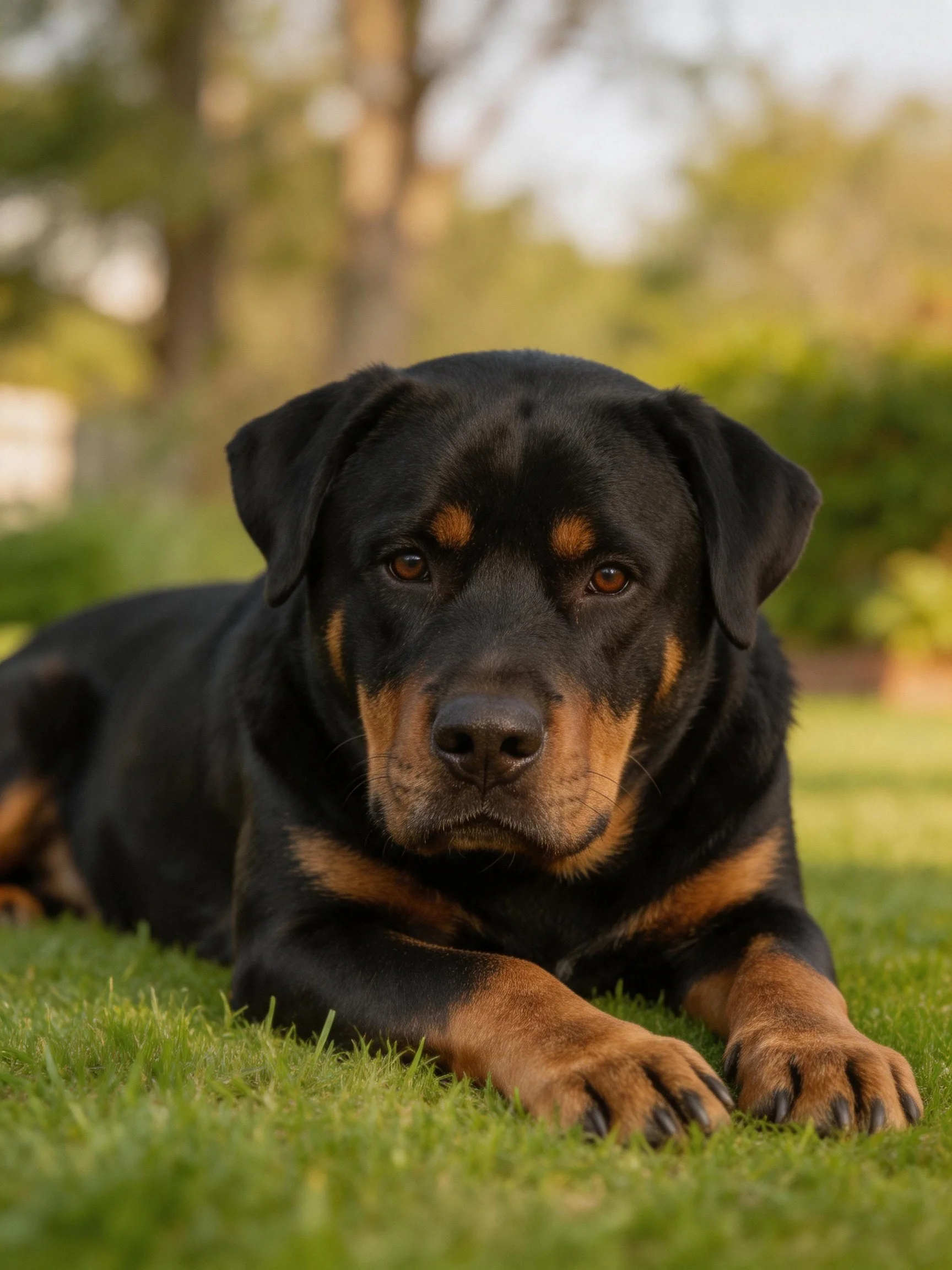 A Rottweiler rests on lush green grass in a sunlit outdoor area