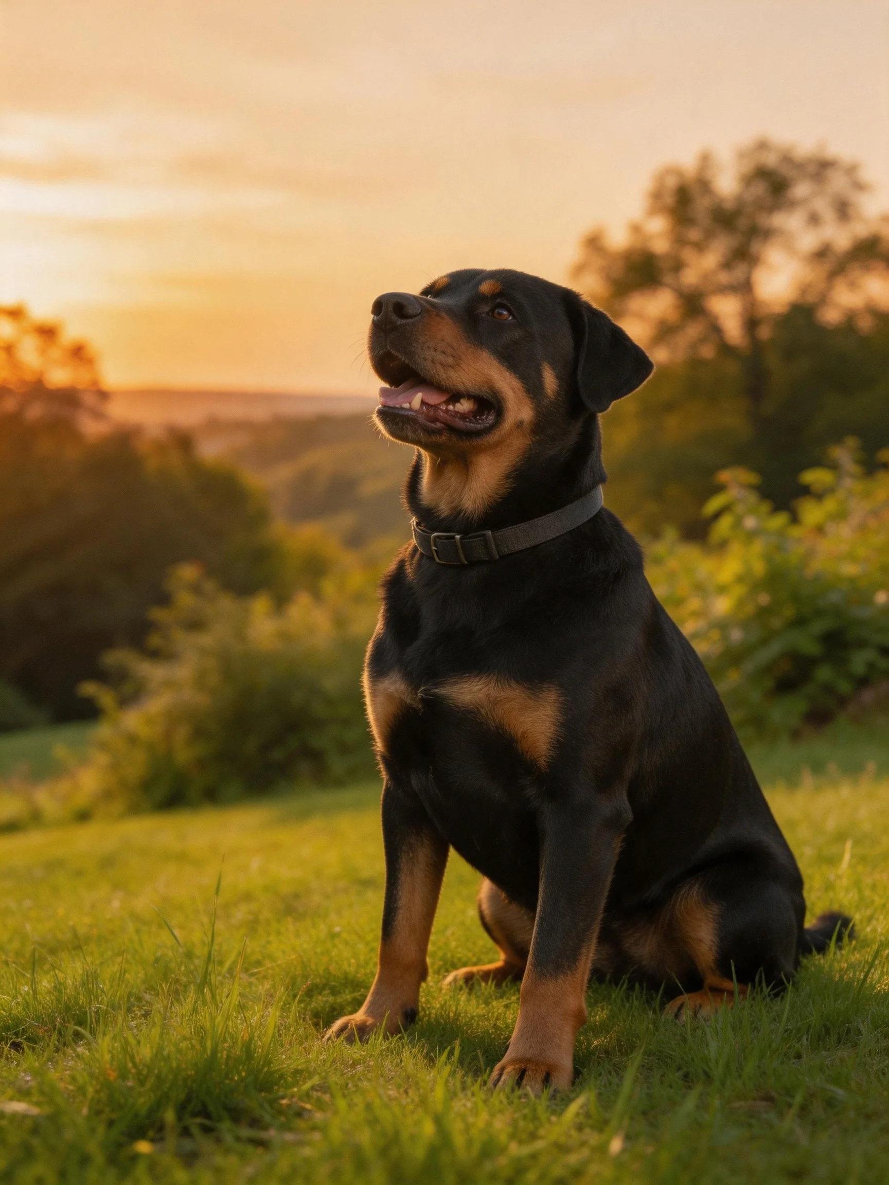 A Rottweiler sits calmly on grass as the sun sets behind trees.