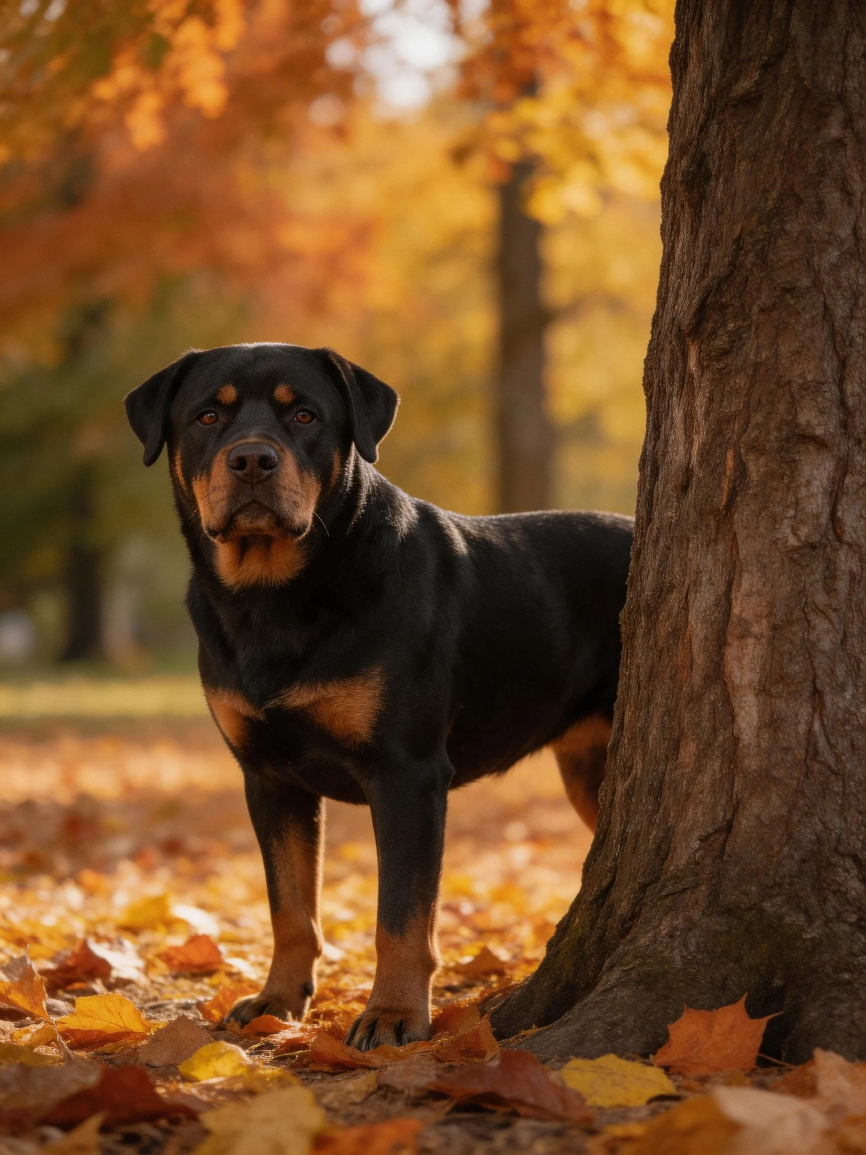 A Rottweiler stands near a tree in an autumn park setting.