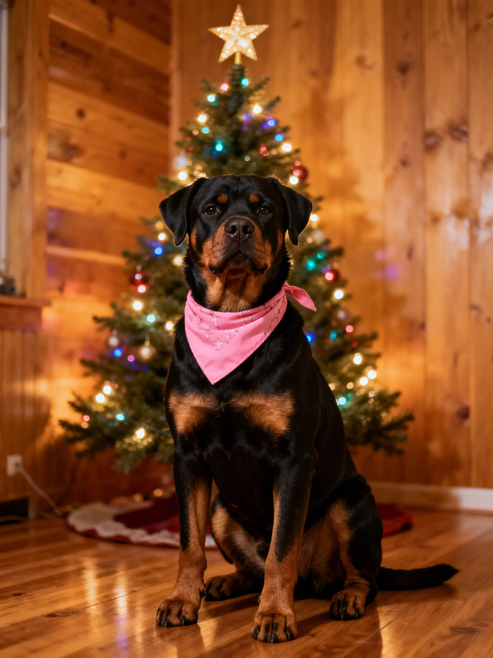 A Rottweiler wearing a pink bandana sits before a decorated Christmas tree in a wooden room
