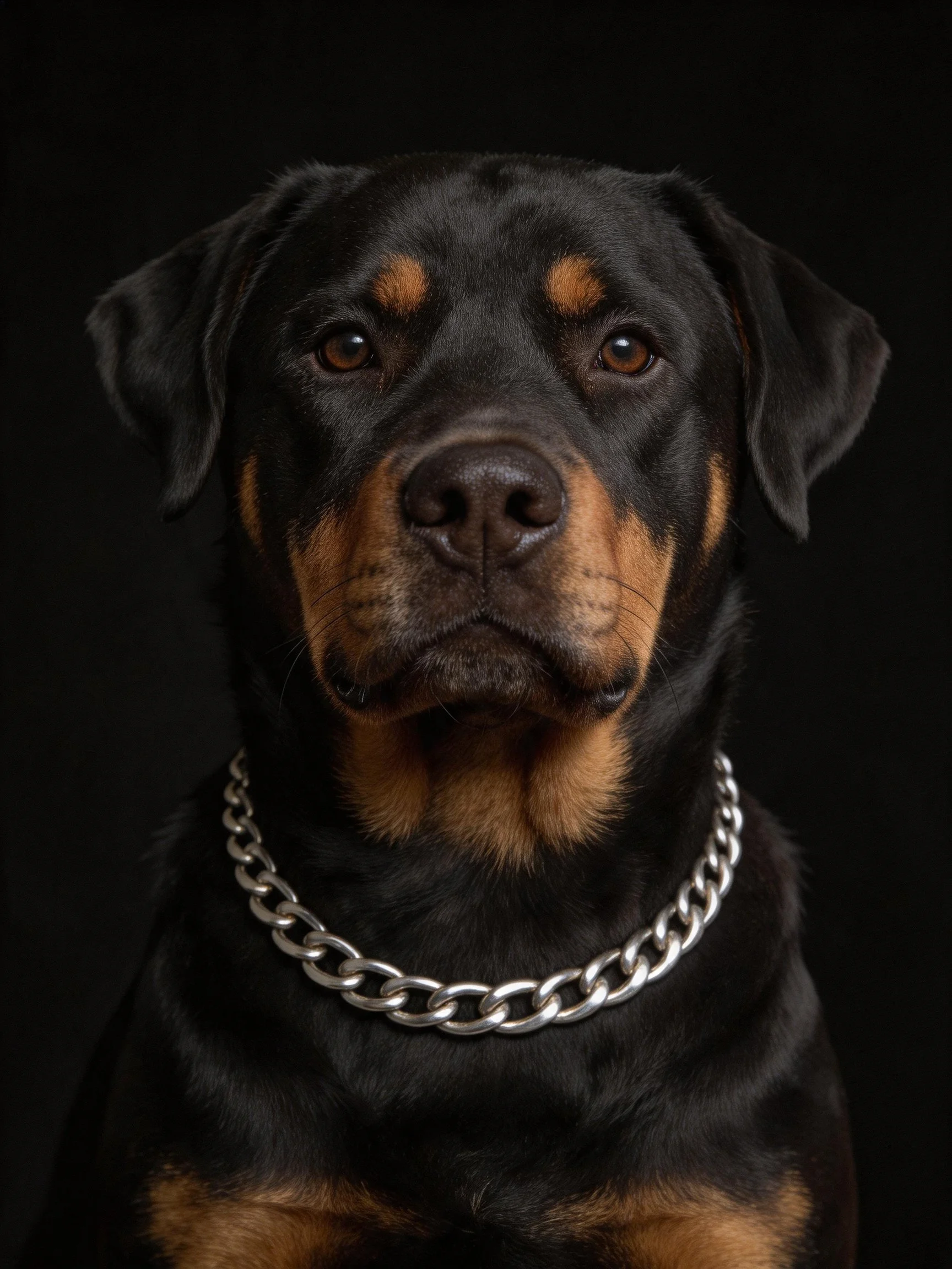 A Rottweiler with black and tan fur wears a thick silver chain collar against a dark backdrop.