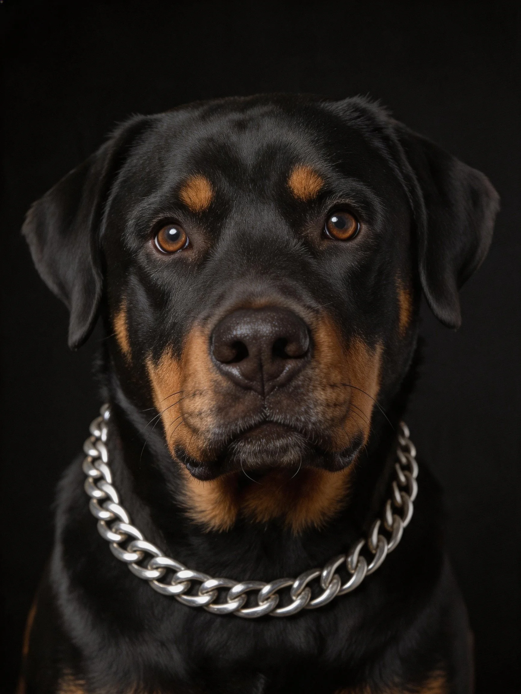 A Rottweiler with a thick silver chain collar is photographed against a dark background.