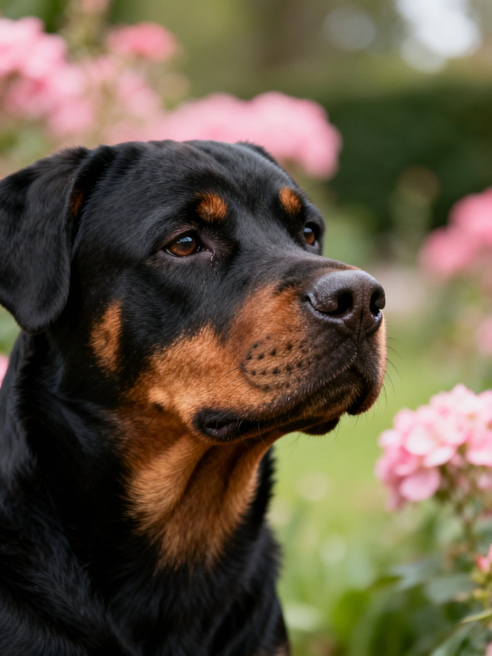 A Rottweiler with black and tan markings near pink flowers