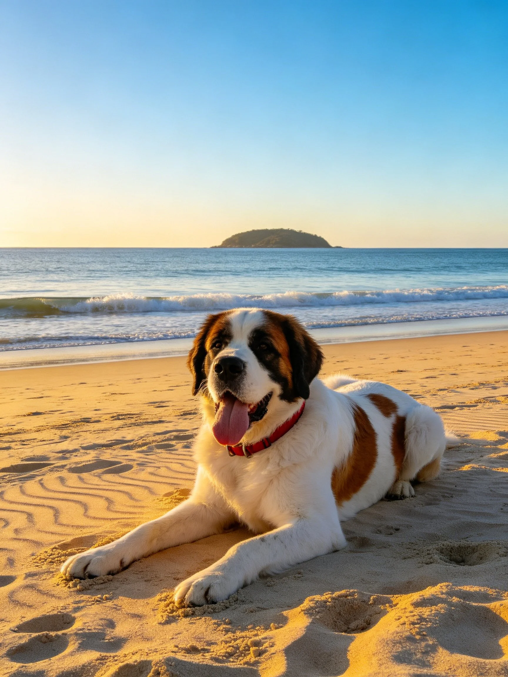 A Saint Bernard rests on golden sand near calm blue waters