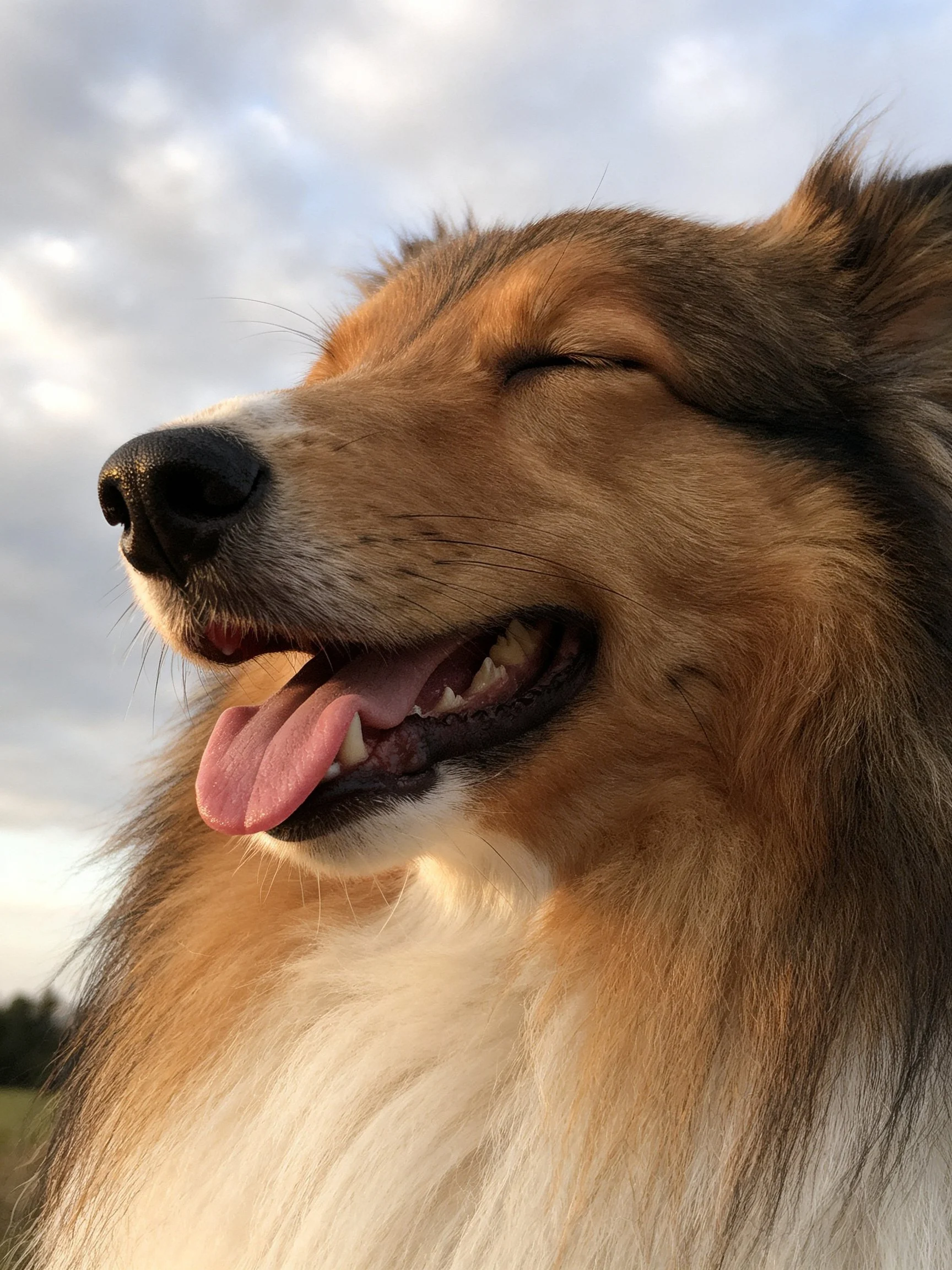 A Sheltie Dog with Long Brown and White Fur, Relaxed Outdoors