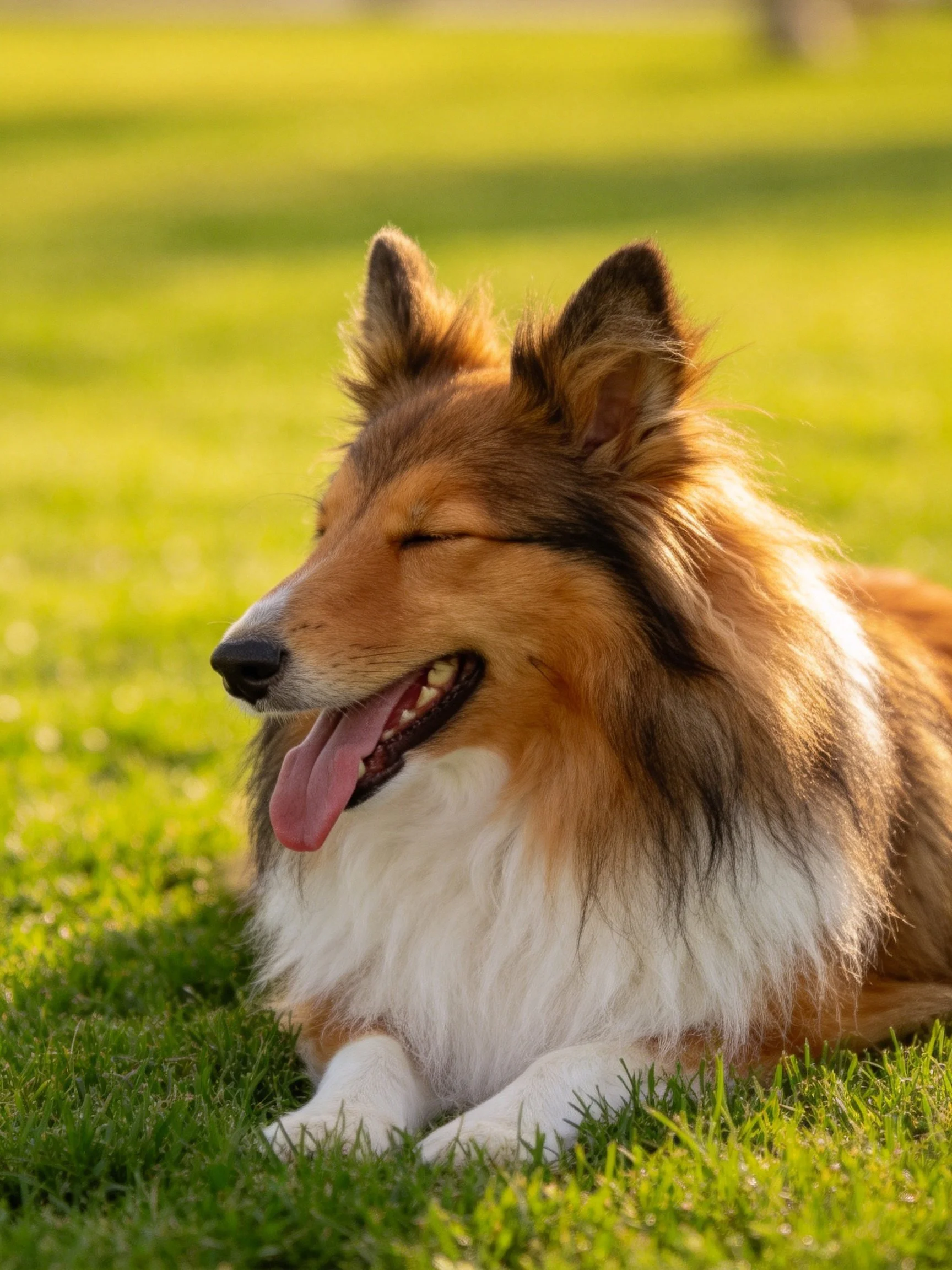 A Sheltie resting contentedly on lush green grass