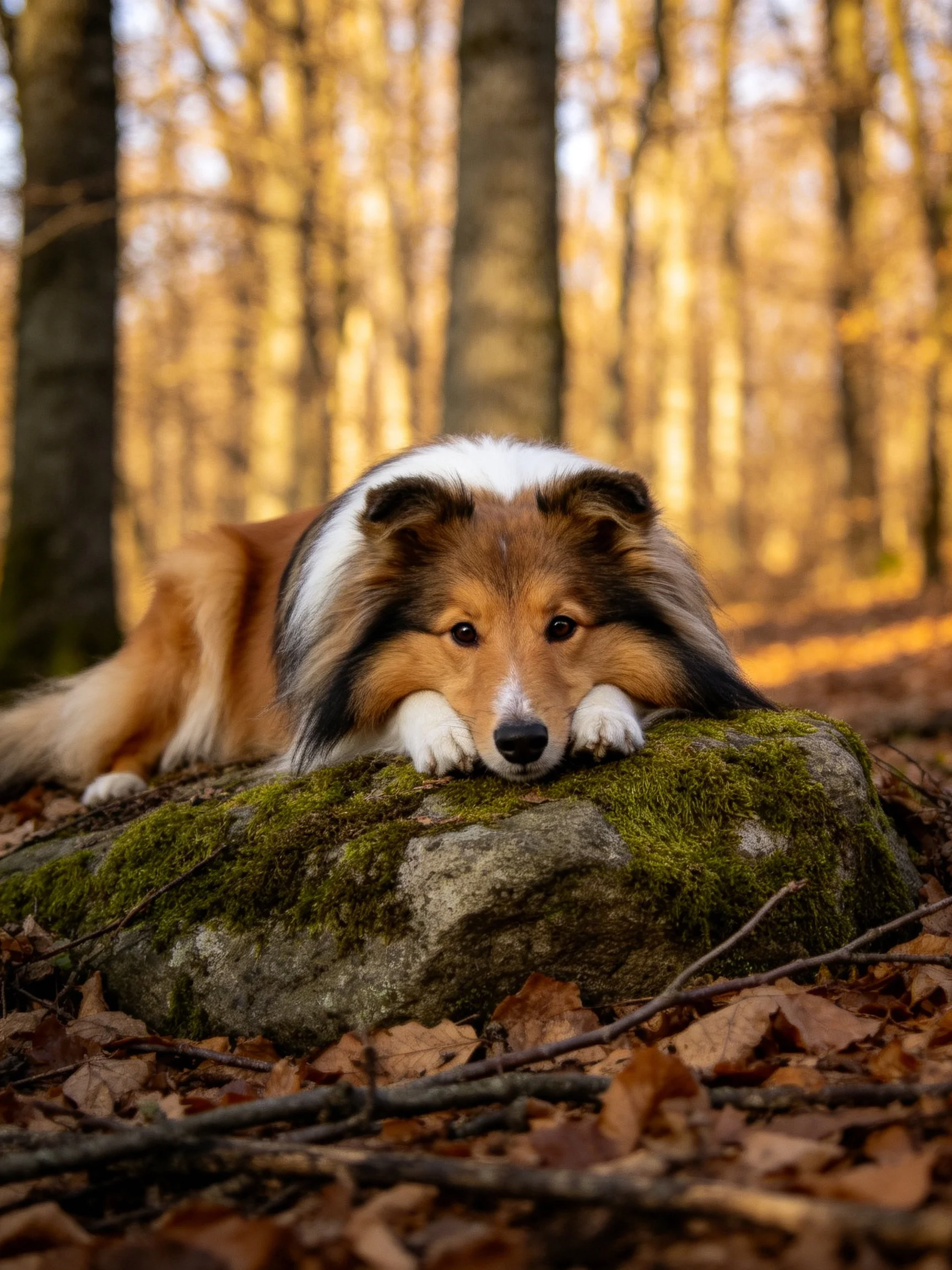 A Sheltie rests on a moss-covered rock in an autumn forest